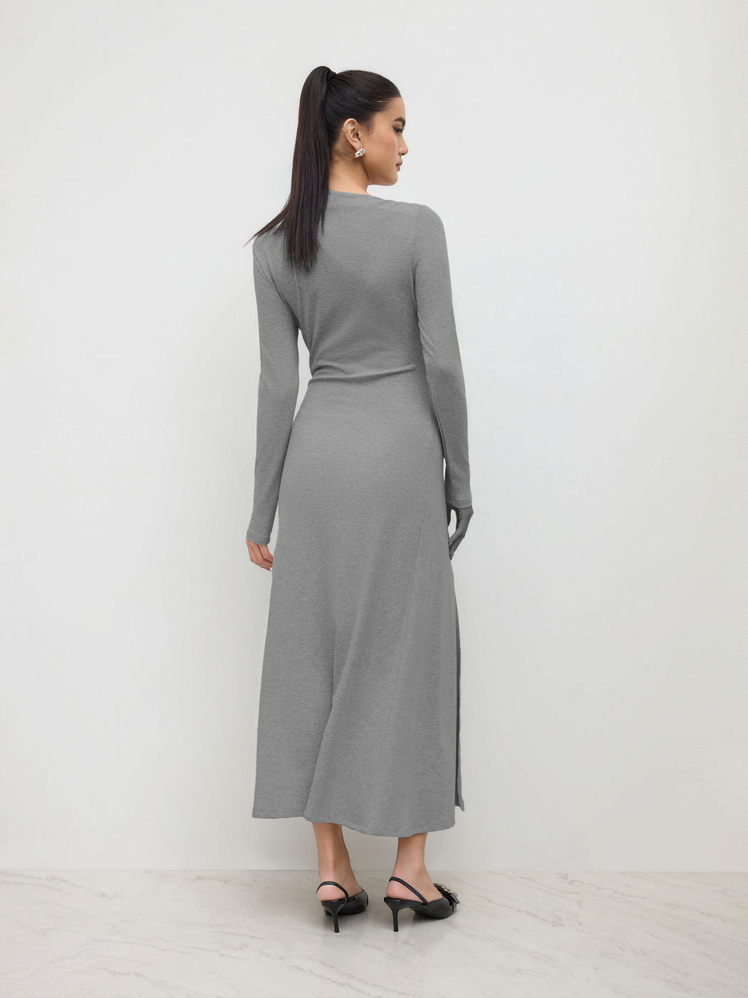 Asymmetrical Neck Split Ruched Maxi Dress