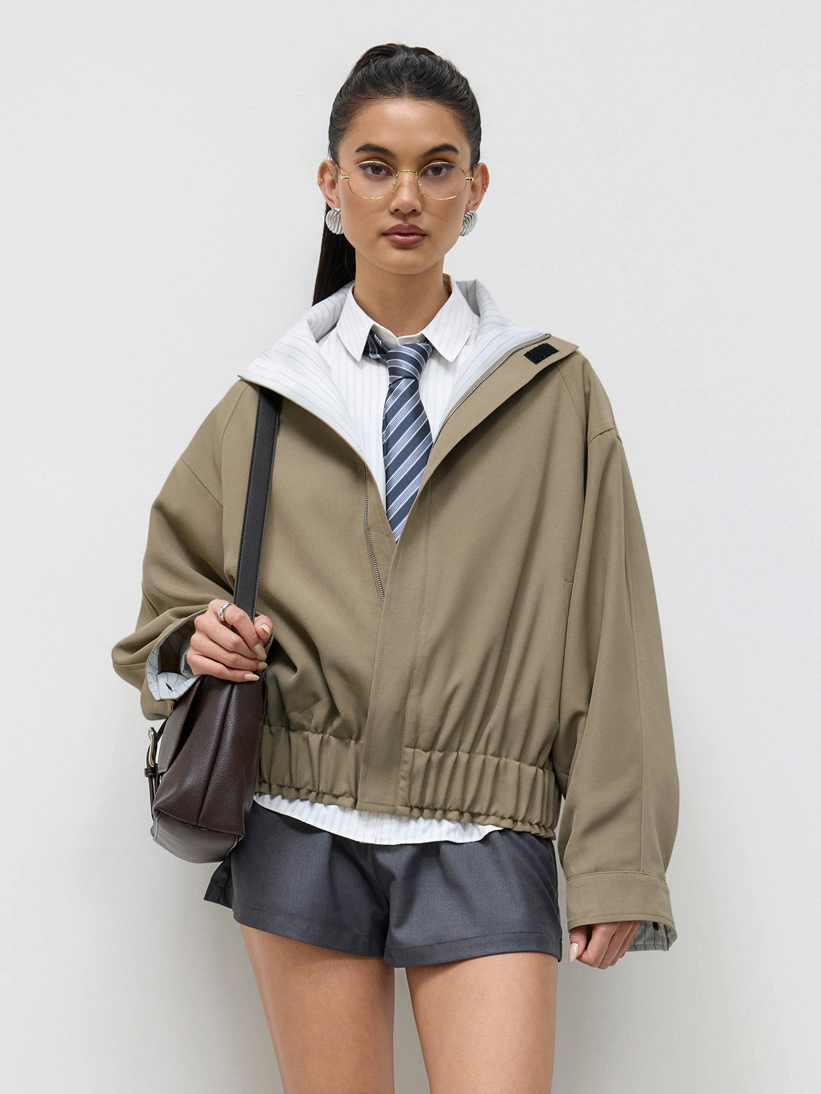 Woven Oversized Elastic Waist Jacket With Striped Lining For