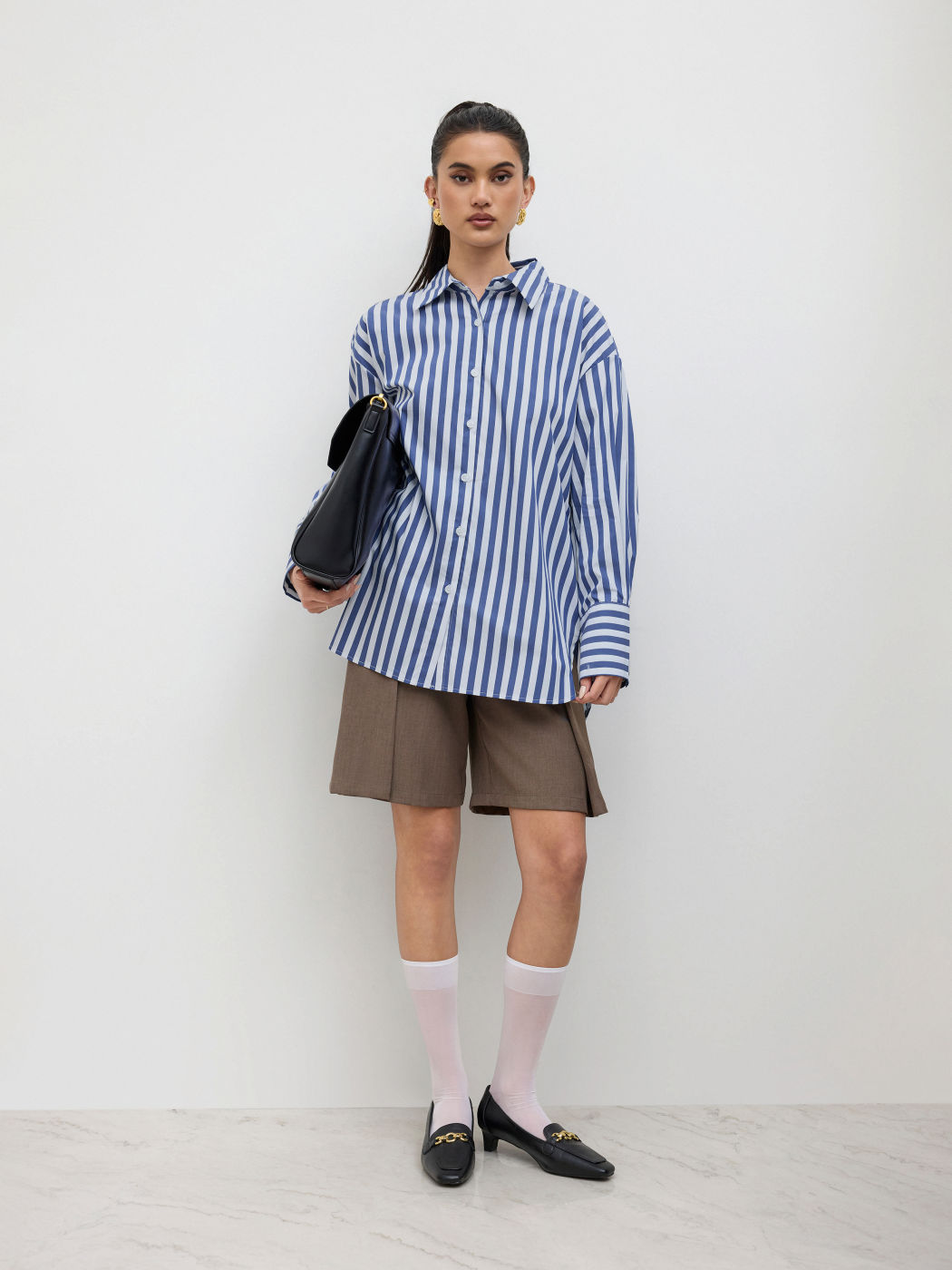 Cotton-blend Collar Stripe Oversized Shirt