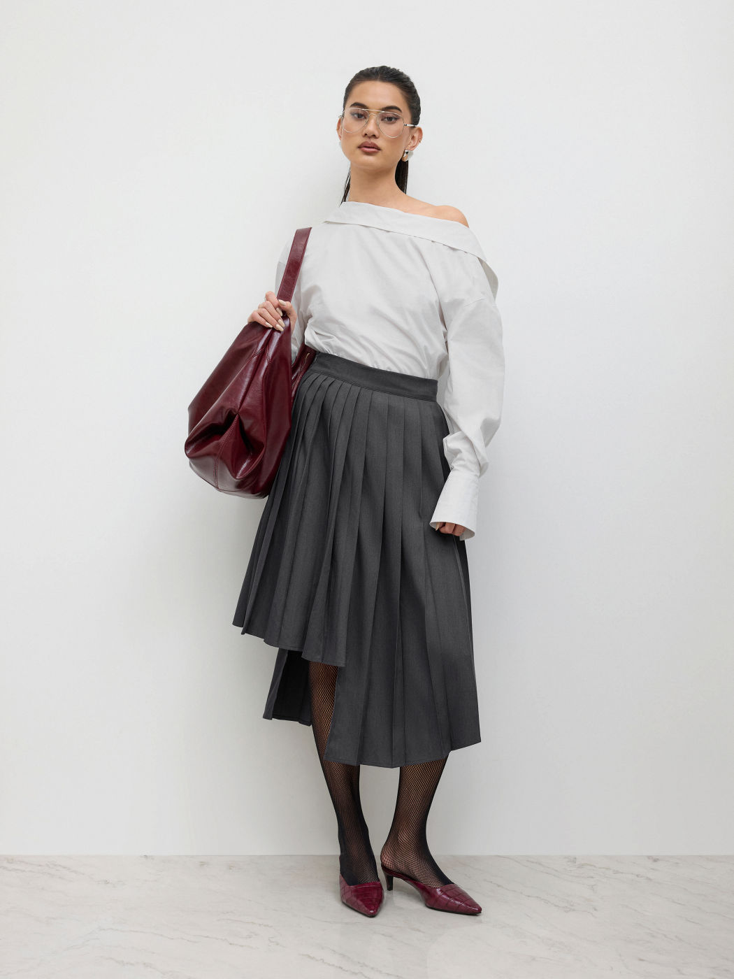 Mid Rise Pleated Asymmetrical Hem Midi Skirt