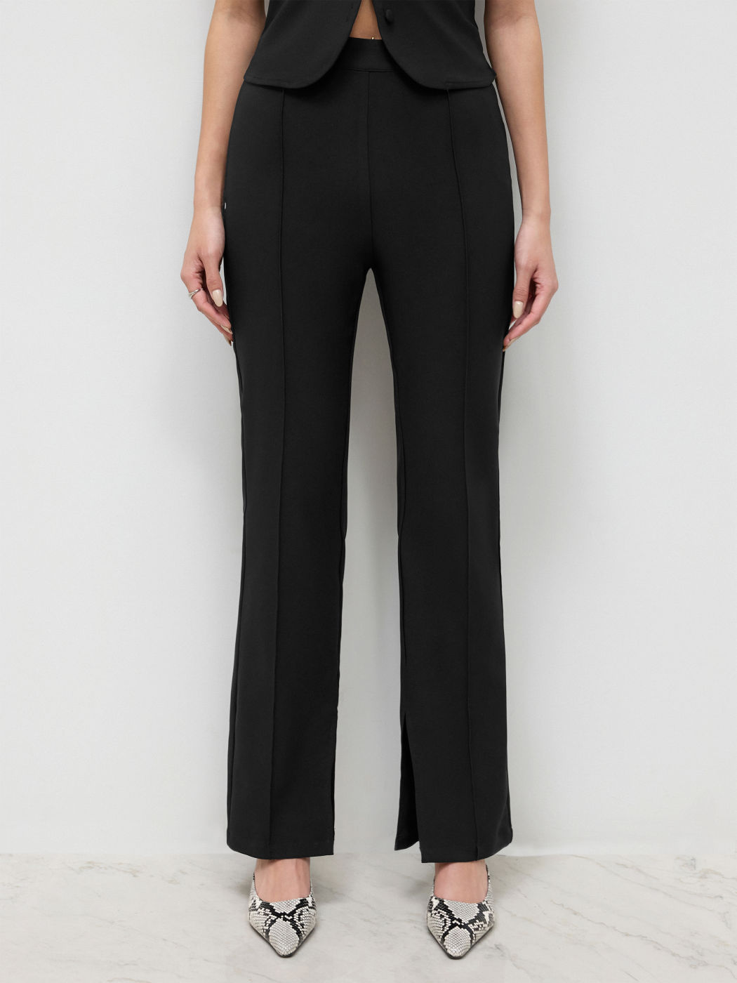 High Stretch Mid Rise Split Flared Trousers