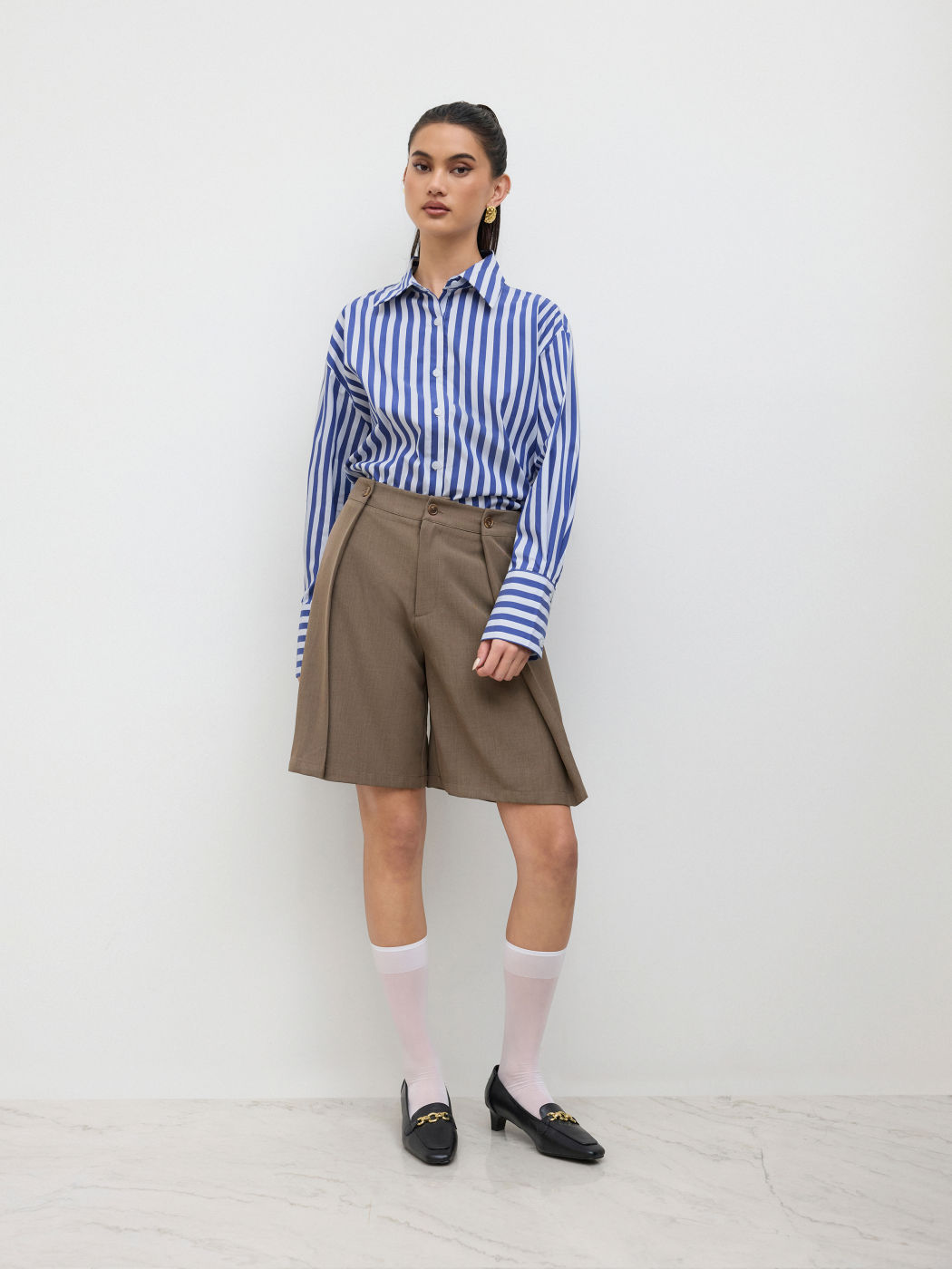 Mid Rise Button Detail Pleated Bermuda Shorts