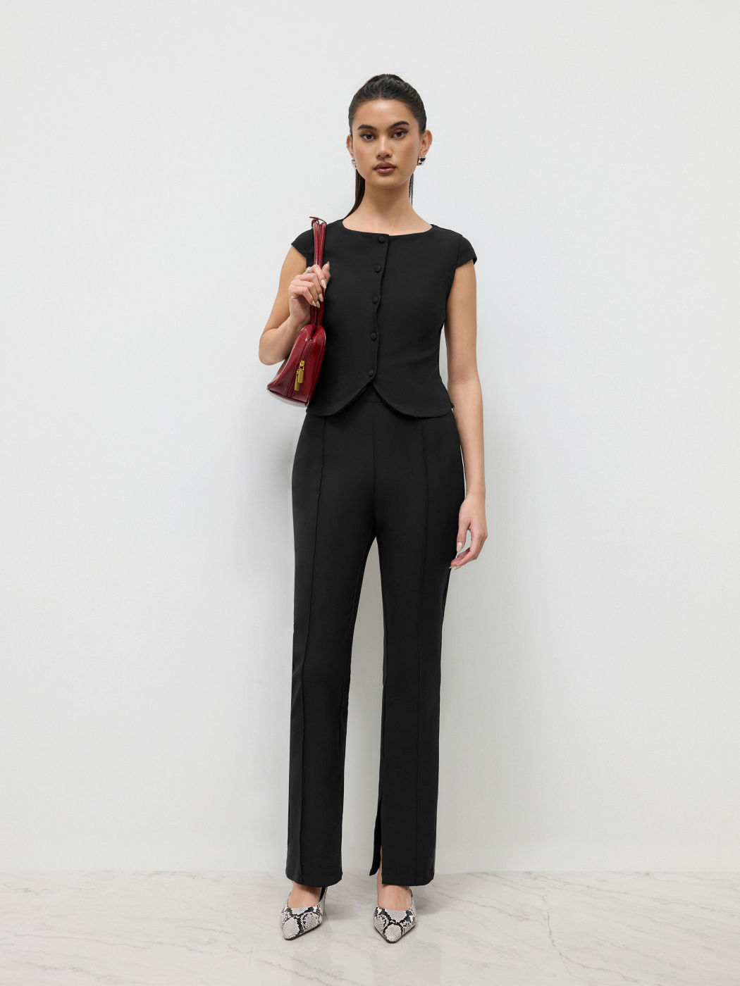 High Stretch Mid Rise Split Flared Trousers