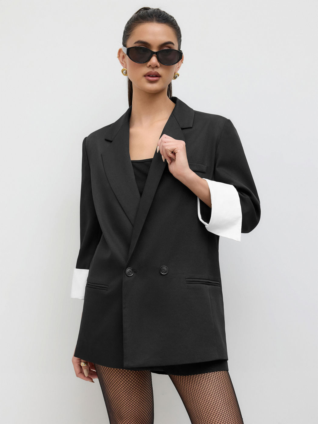 Notched Collar Roll-up Mid-length Blazer