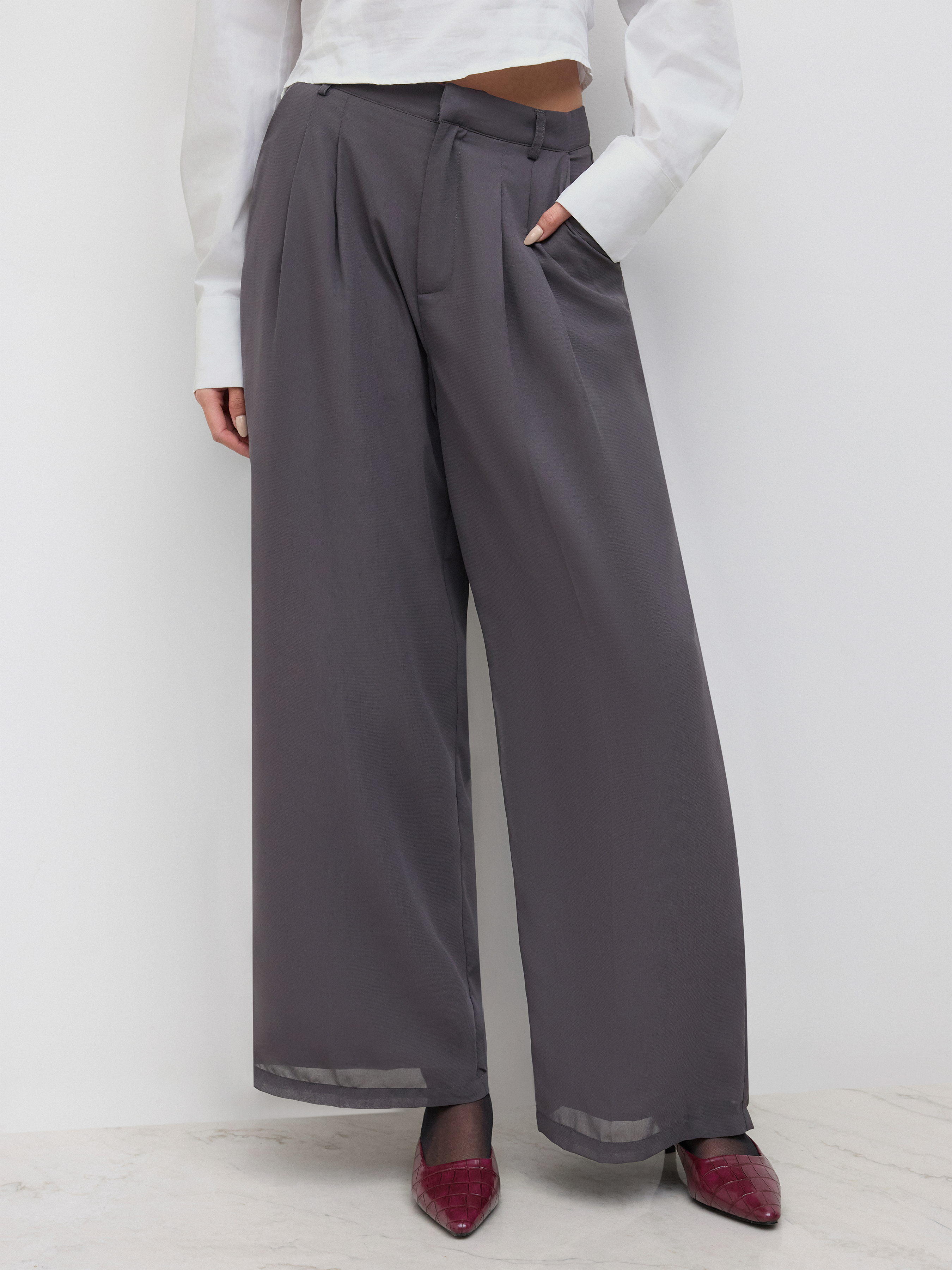 Chiffon Chiffon Mid Rise Pleated Wide Leg Trousers For Work