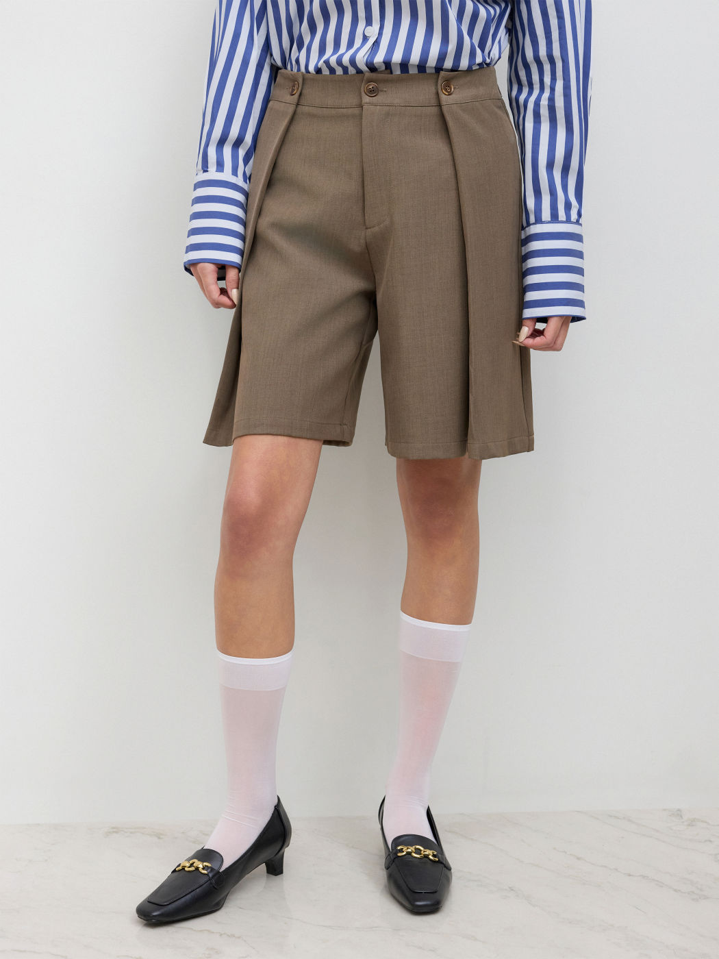 Mid Rise Button Detail Pleated Bermuda Shorts