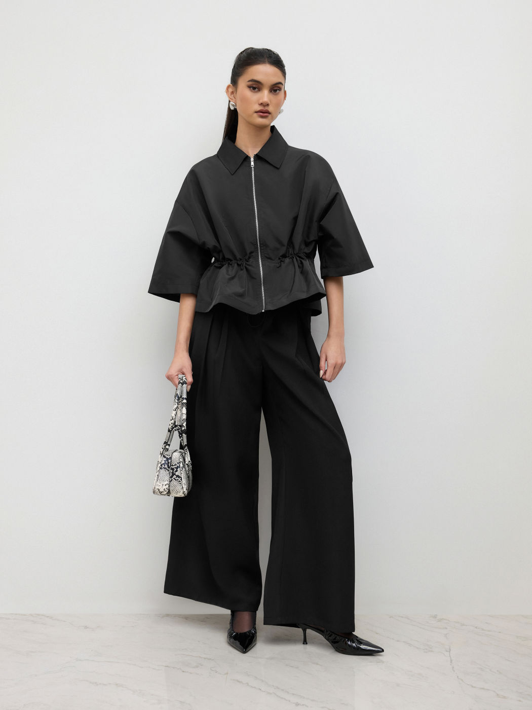 Oversized Collar Elastic Waist Zip Through Jacket