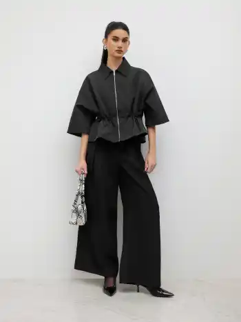 Oversized Collar Elastic Waist Zip Through Jacket