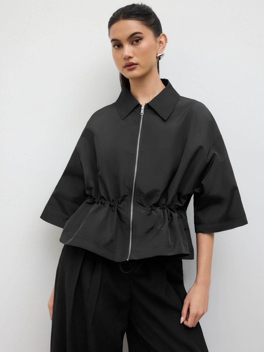 Oversized Collar Elastic Waist Zip Through Jacket