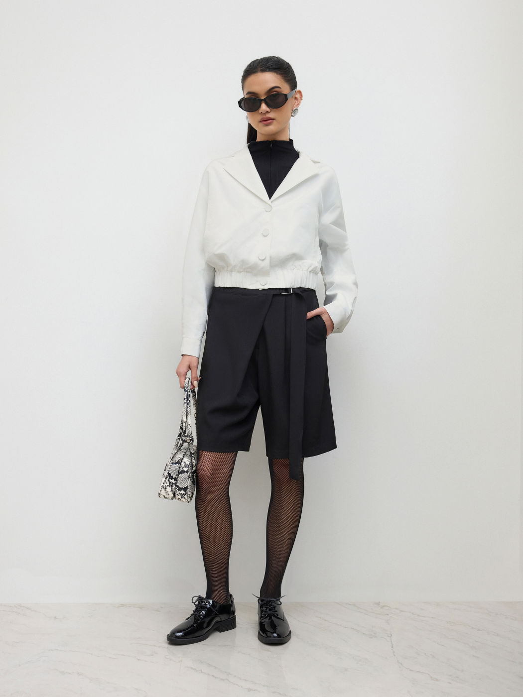 Notched Collar Elastic Waist Oversized Jacket