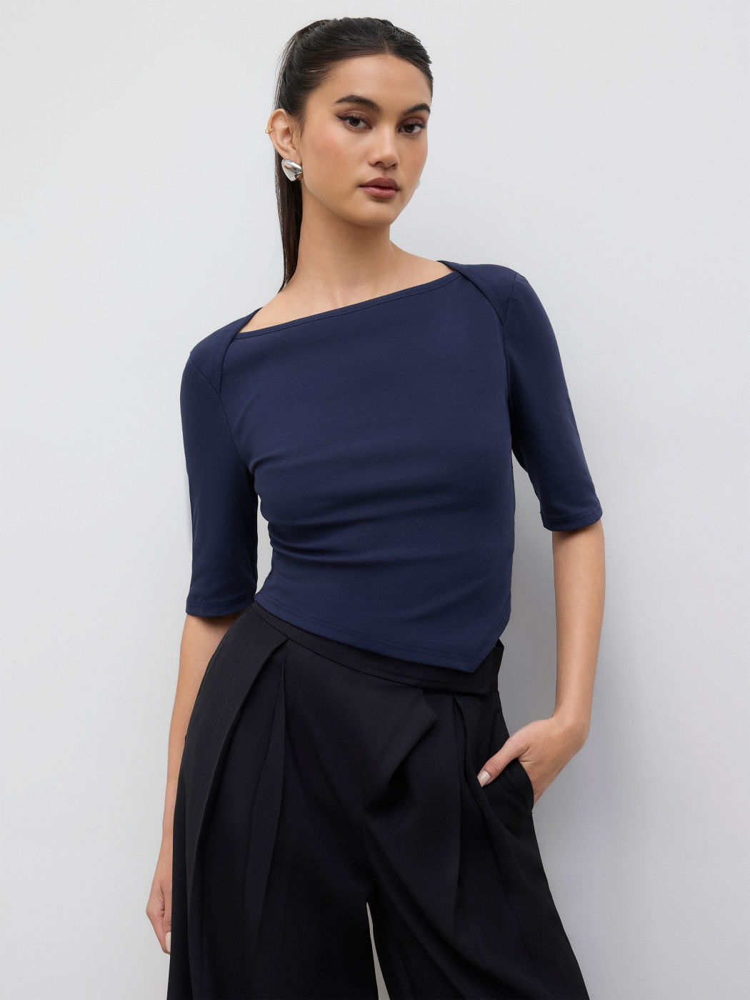 Cotton-blend Boat Neck Asymmetrical Hem Mid-length Sleeve Tee