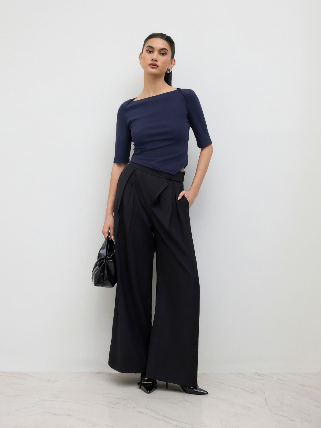 Cotton-blend Boat Neck Asymmetrical Hem Mid-length Sleeve Tee