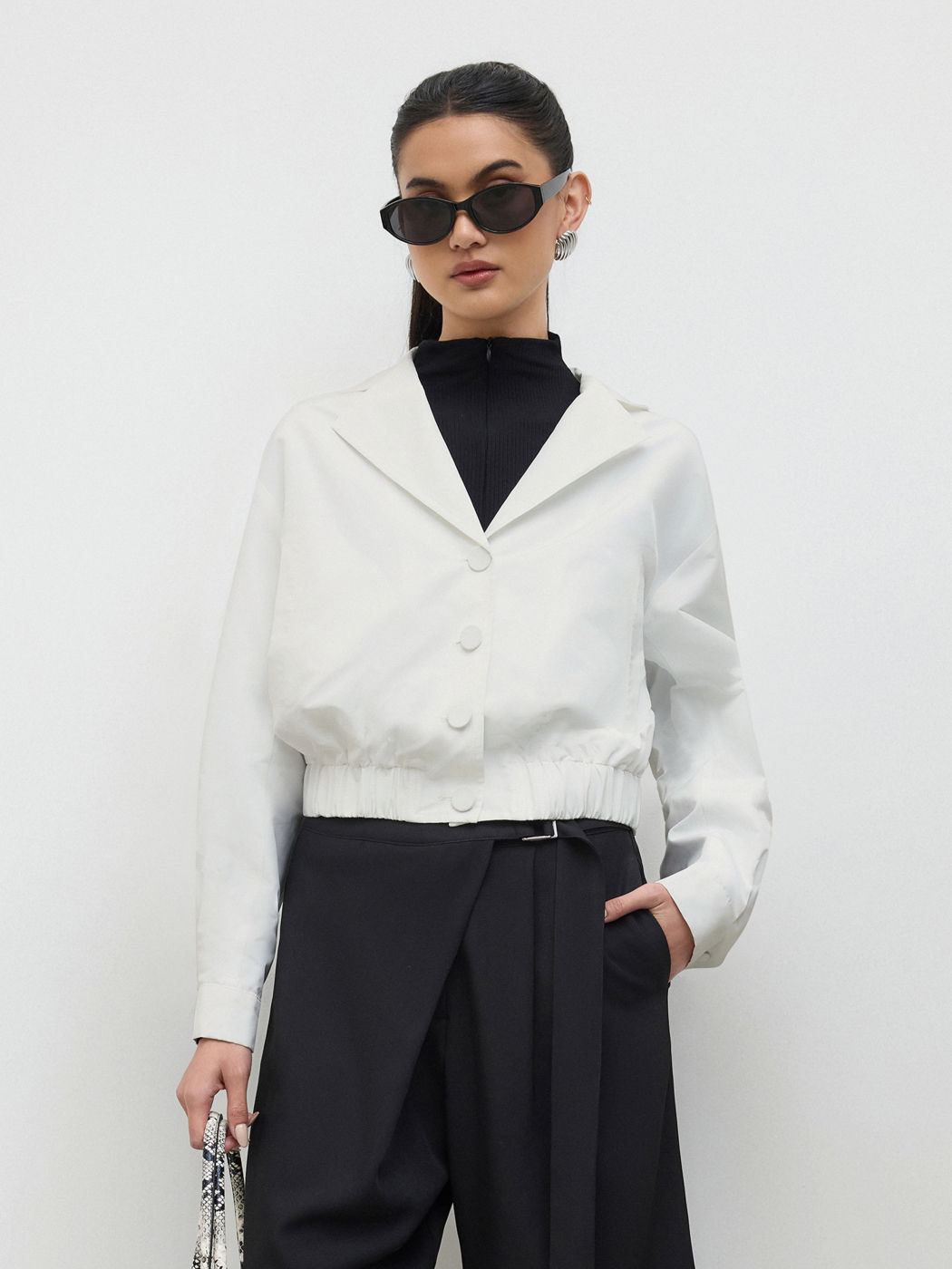Notched Collar Elastic Waist Oversized Jacket