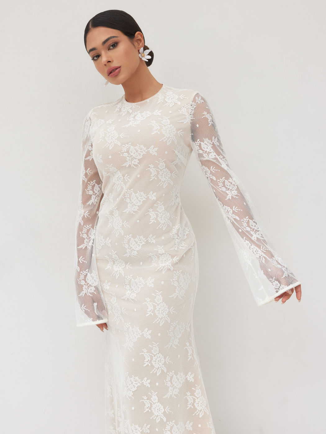 Spitzen-Rundhals-Blumen-Maxikleid