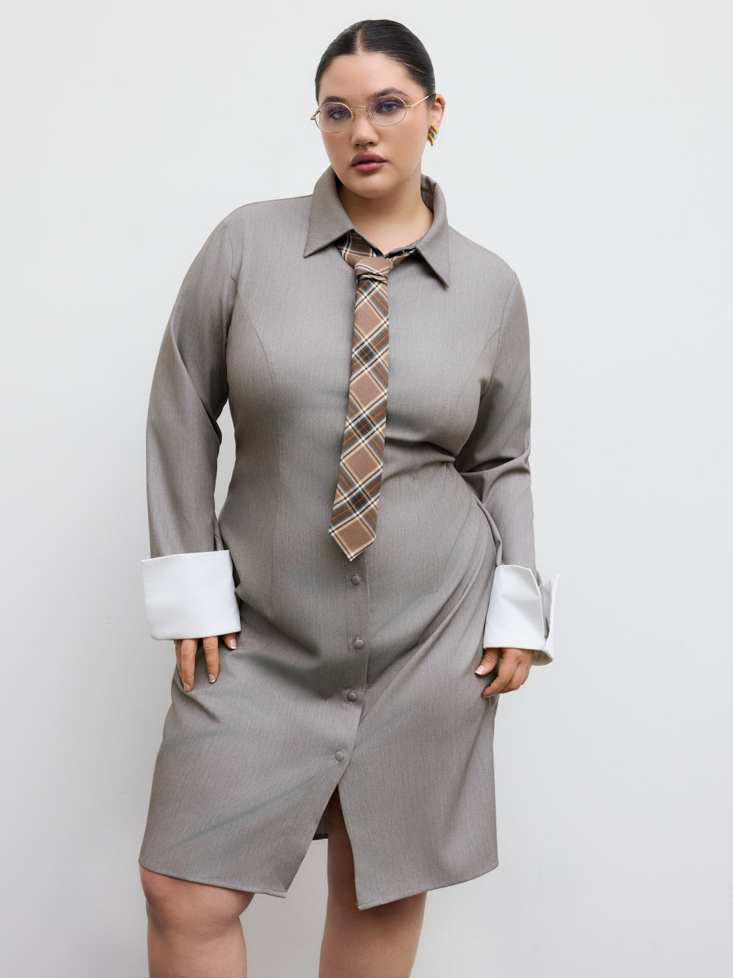 Cotton Polo Roll-up Sleeve Shirt Midi Dress Curve & Plus
