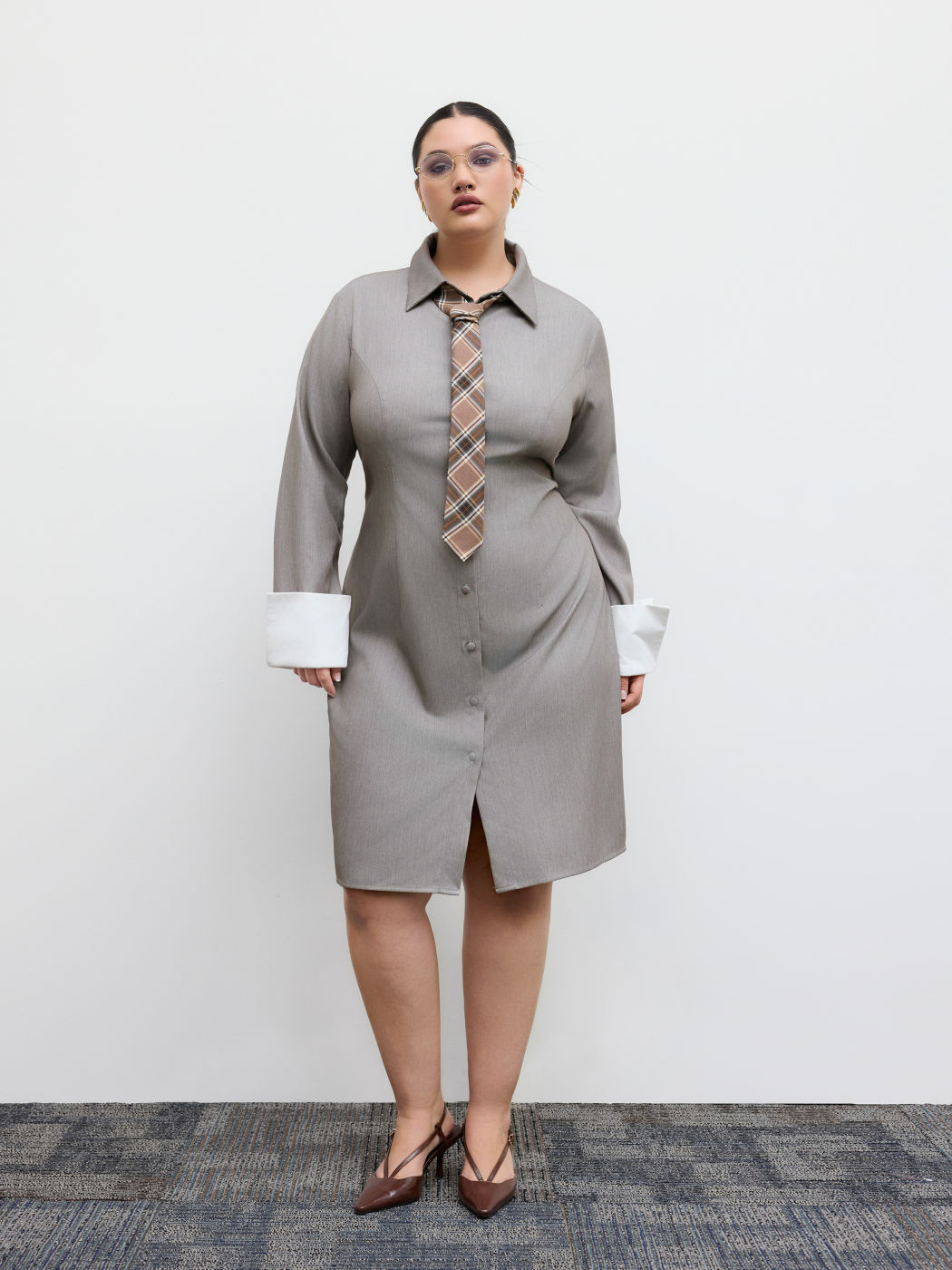 Cotton Polo Roll-up Sleeve Shirt Midi Dress Curve & Plus