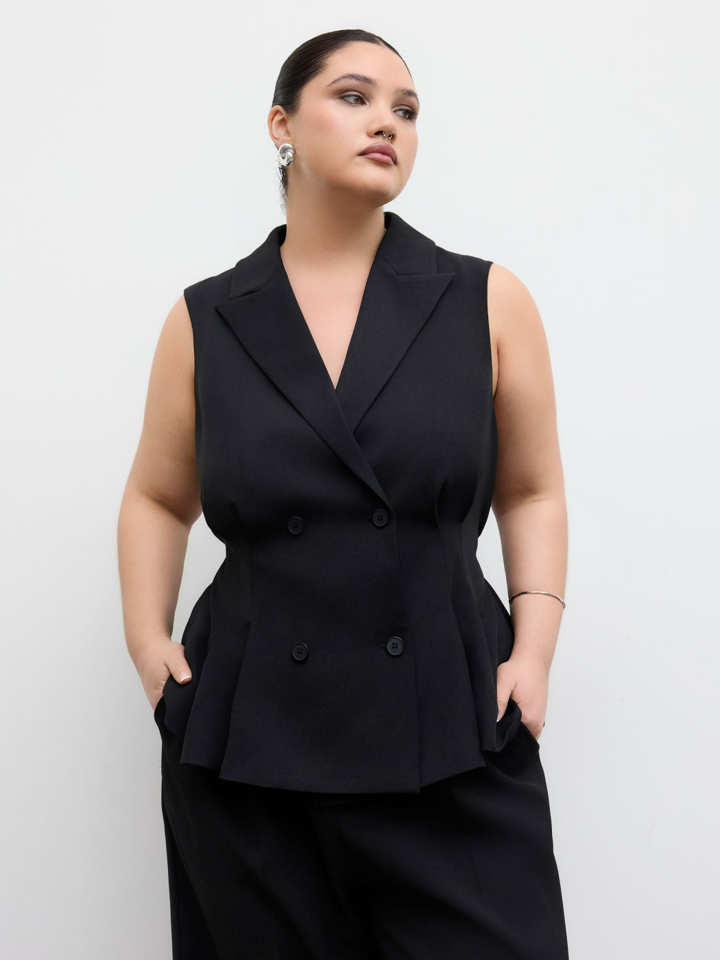 Notched Collar Double Breasted Belted Jumpsuit Curve & Plus