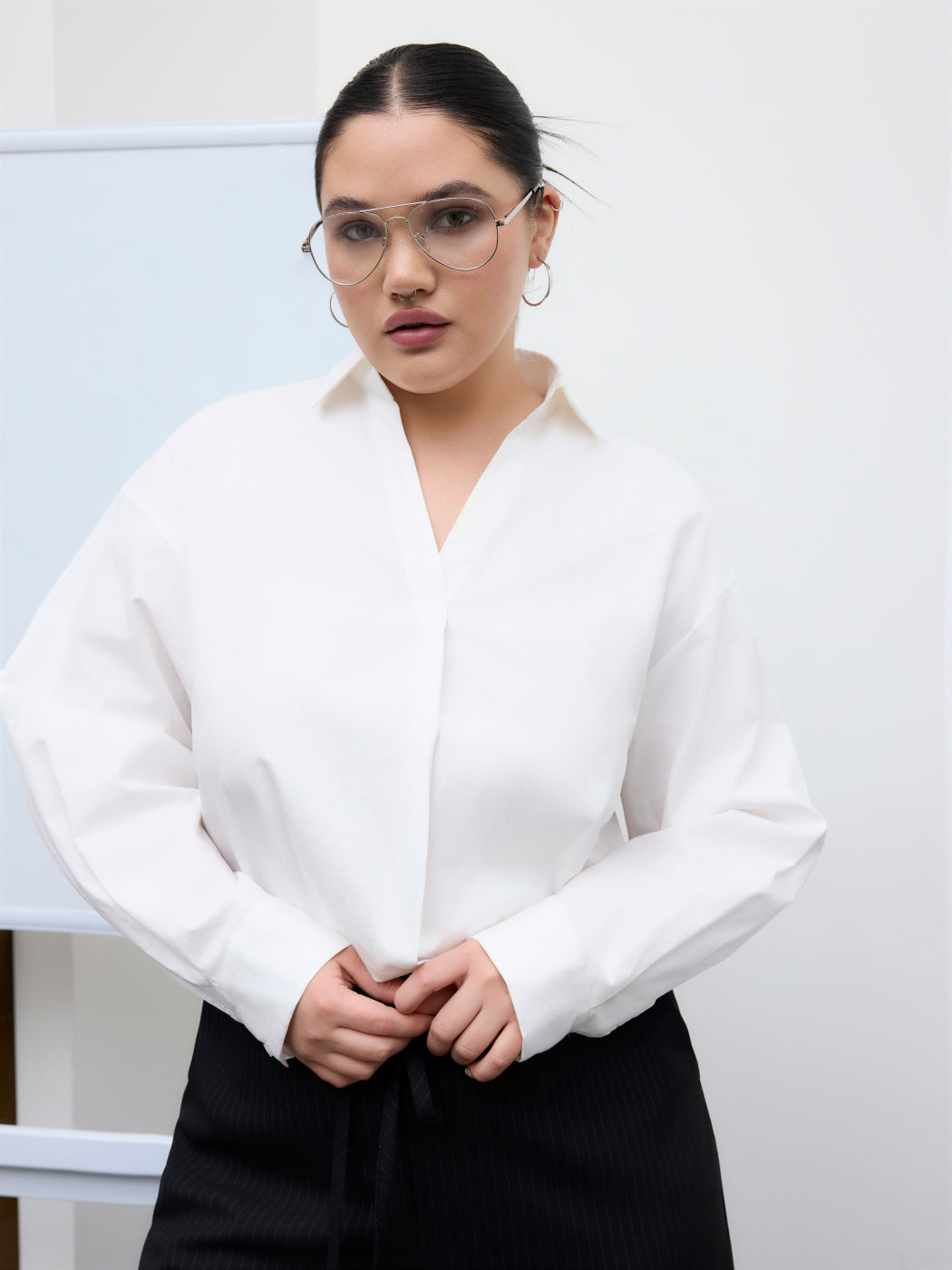 Cotton Collar Shirt Bodysuit Curve & Plus