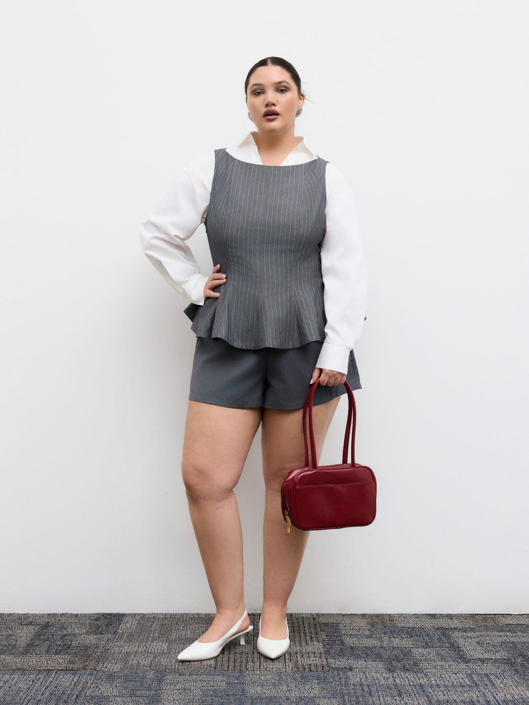 Boat Neck Stripe Ruffle Waistcoat Curve & Plus