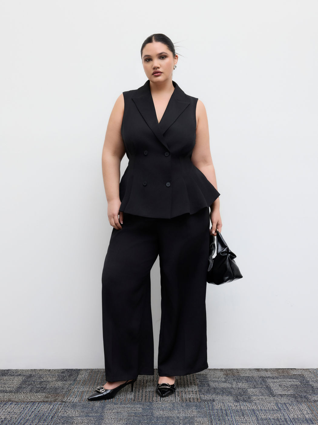 Notched Collar Double Breasted Belted Jumpsuit Curve & Plus
