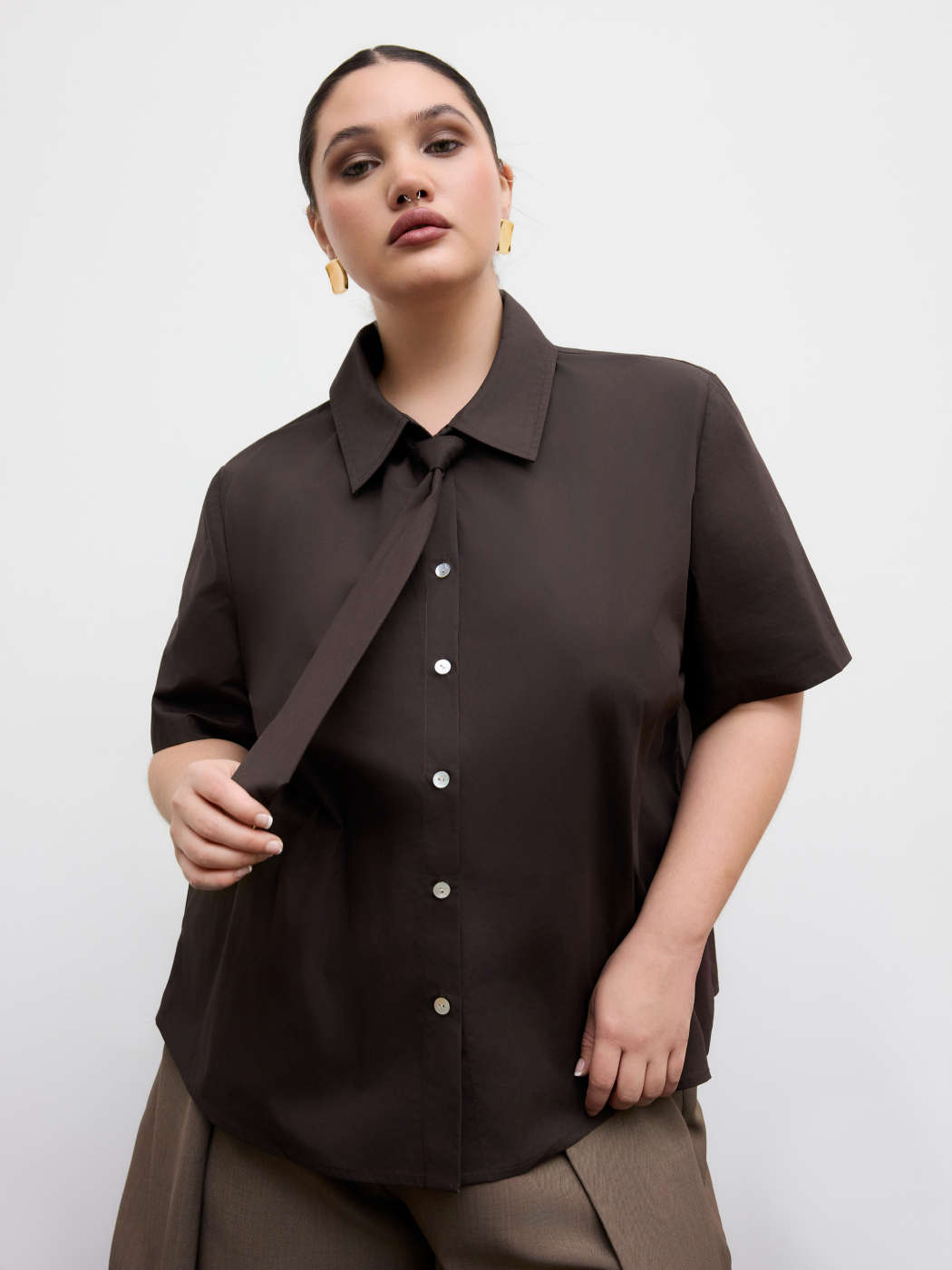 Tejido Camisa de polo de botones con corbata 100% algodón Curvy