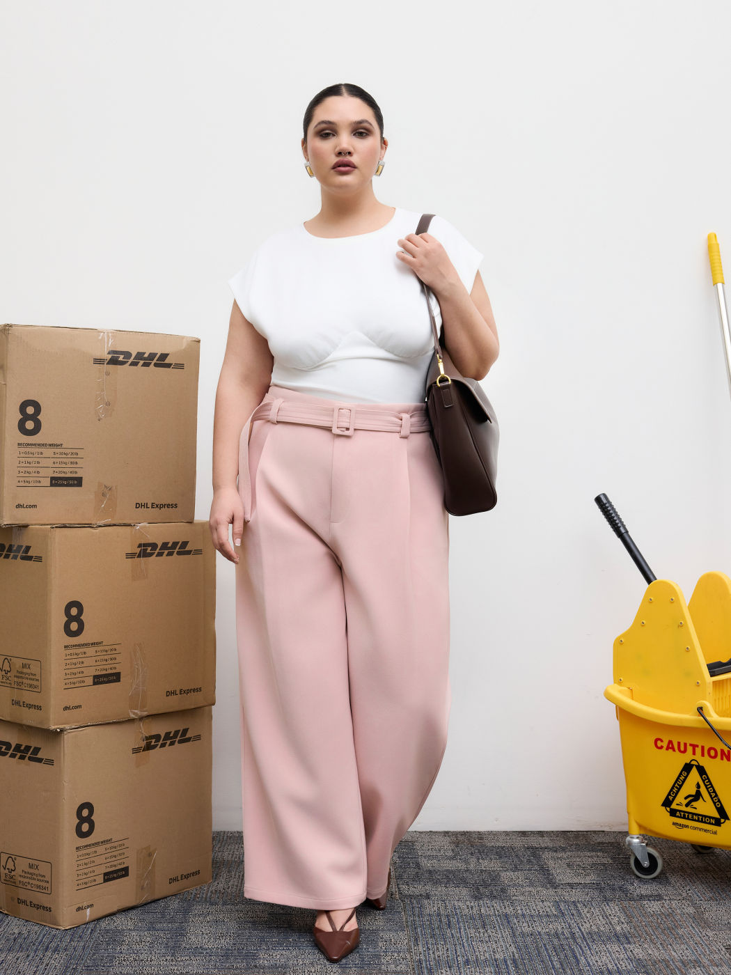 Mid Rise Straight Leg Trousers With Belt Curve & Plus