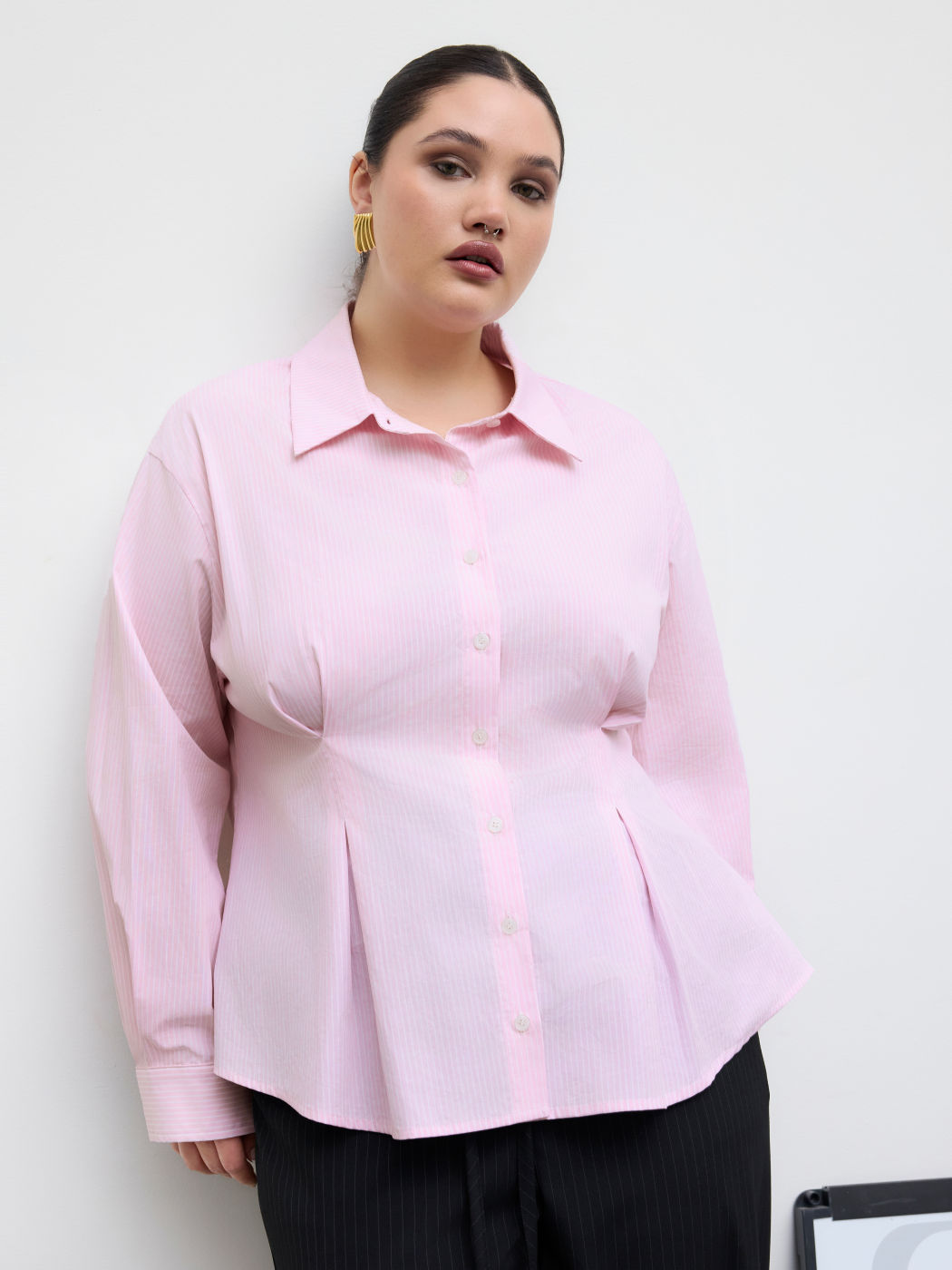 100% Cotton Polo Stripe Waist-cinching Shirt Curve & Plus