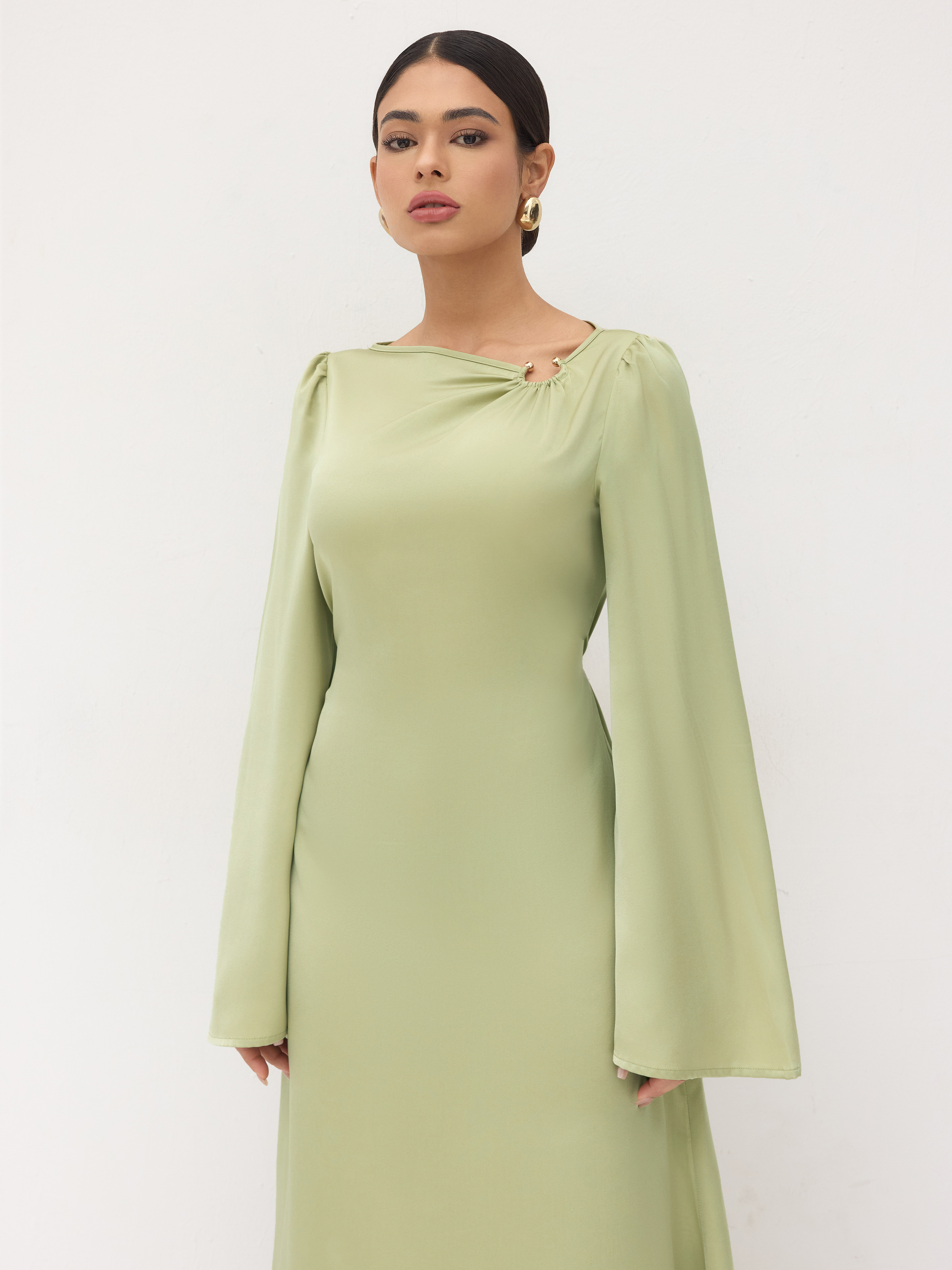 Satin Asymmetrical Neck Knotted Pierced Maxi Dress