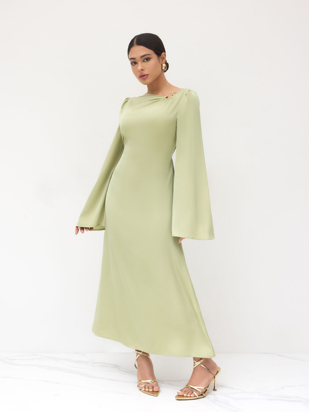 Satin Asymmetrical Neck Knotted Pierced Maxi Dress