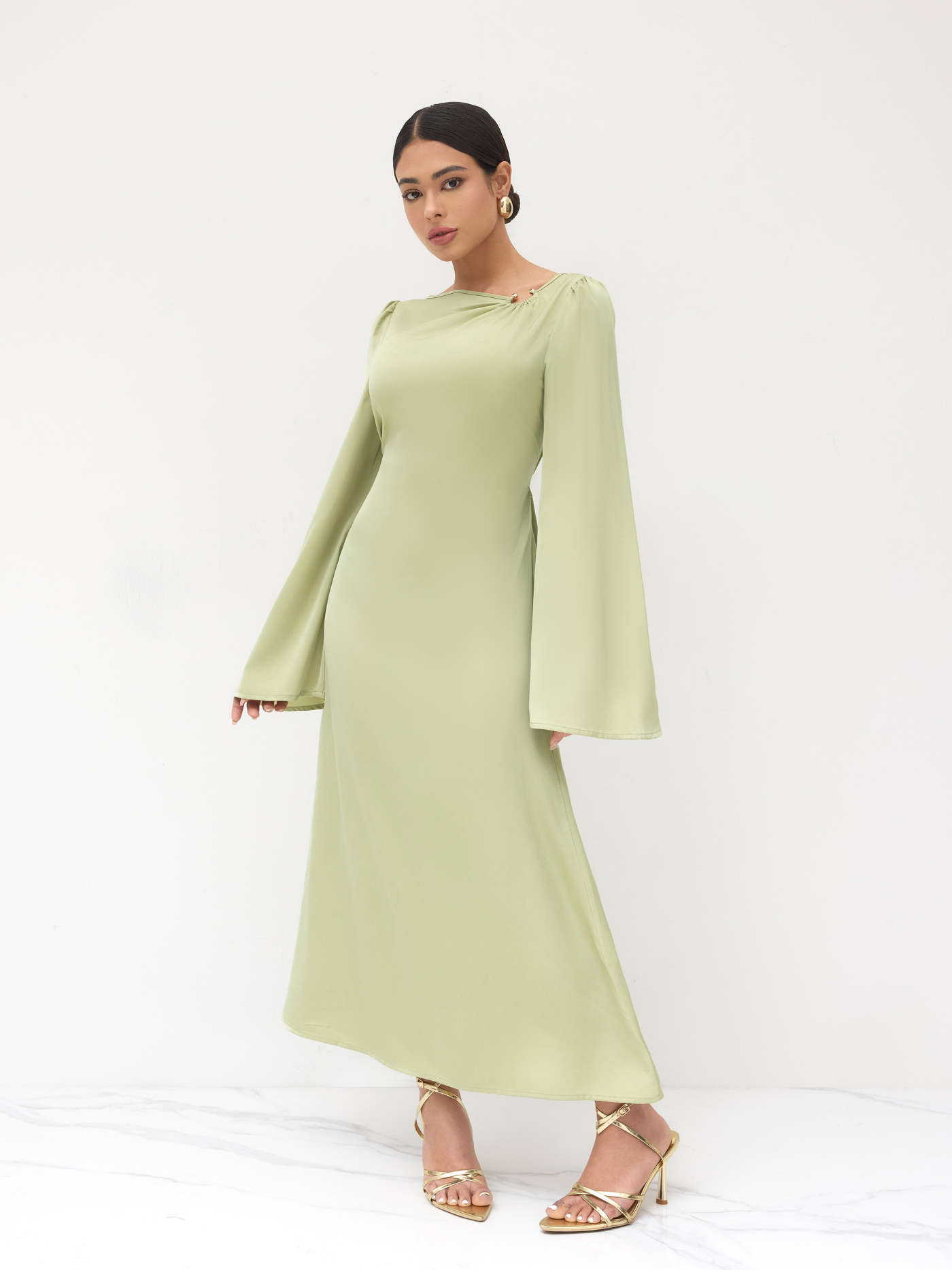 Satin Satin Asymmetrical Neck Knotted Pierced Maxi Dress For Daily Casual