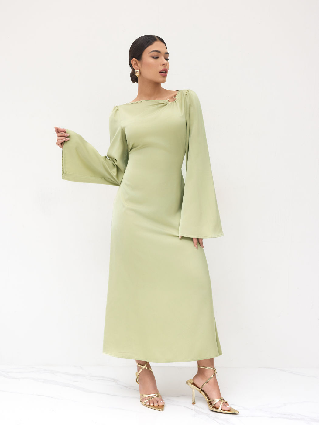 Satin Asymmetrical Neck Knotted Pierced Maxi Dress