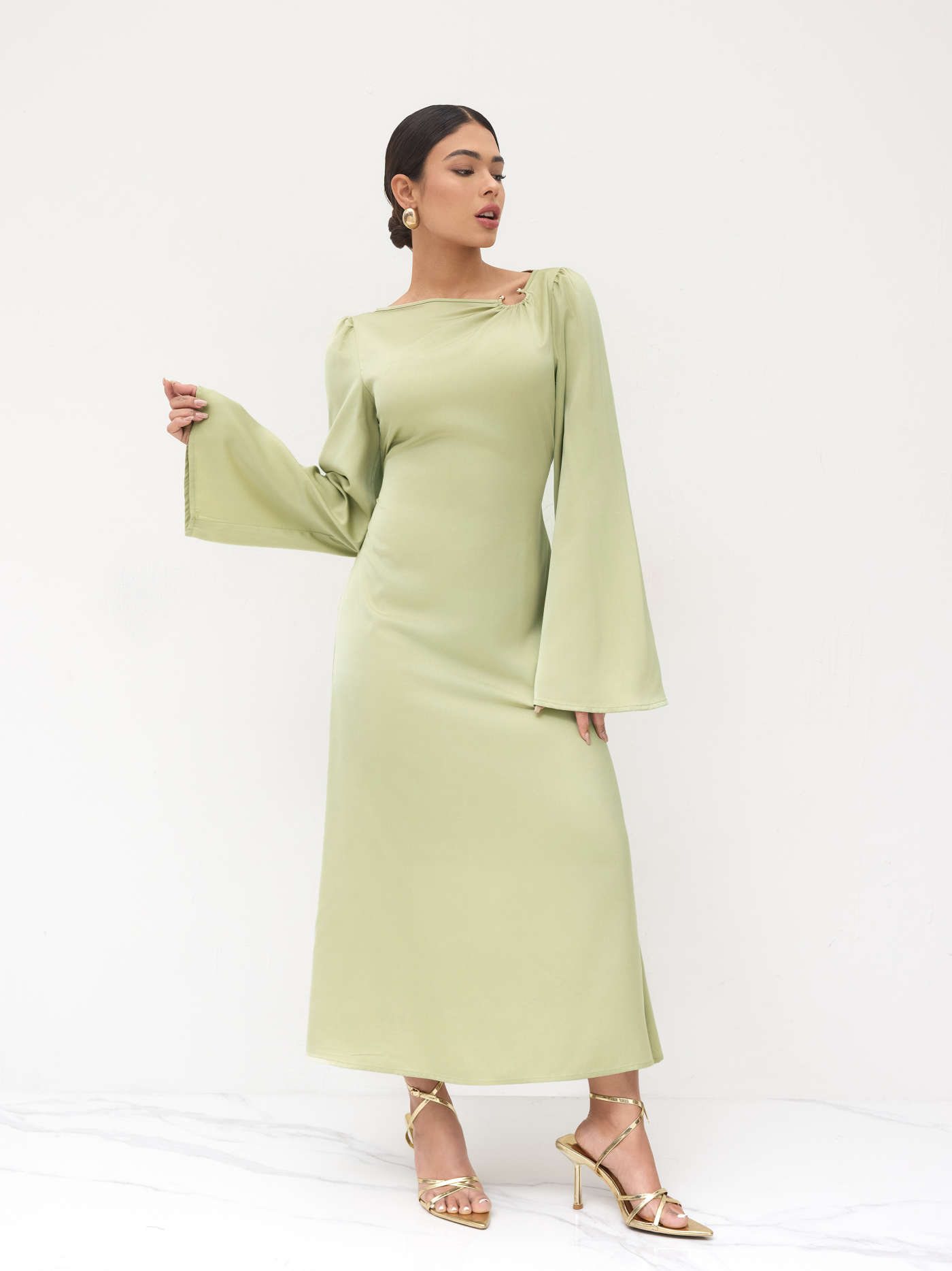 Satin Asymmetrical Neck Knotted Pierced Maxi Dress