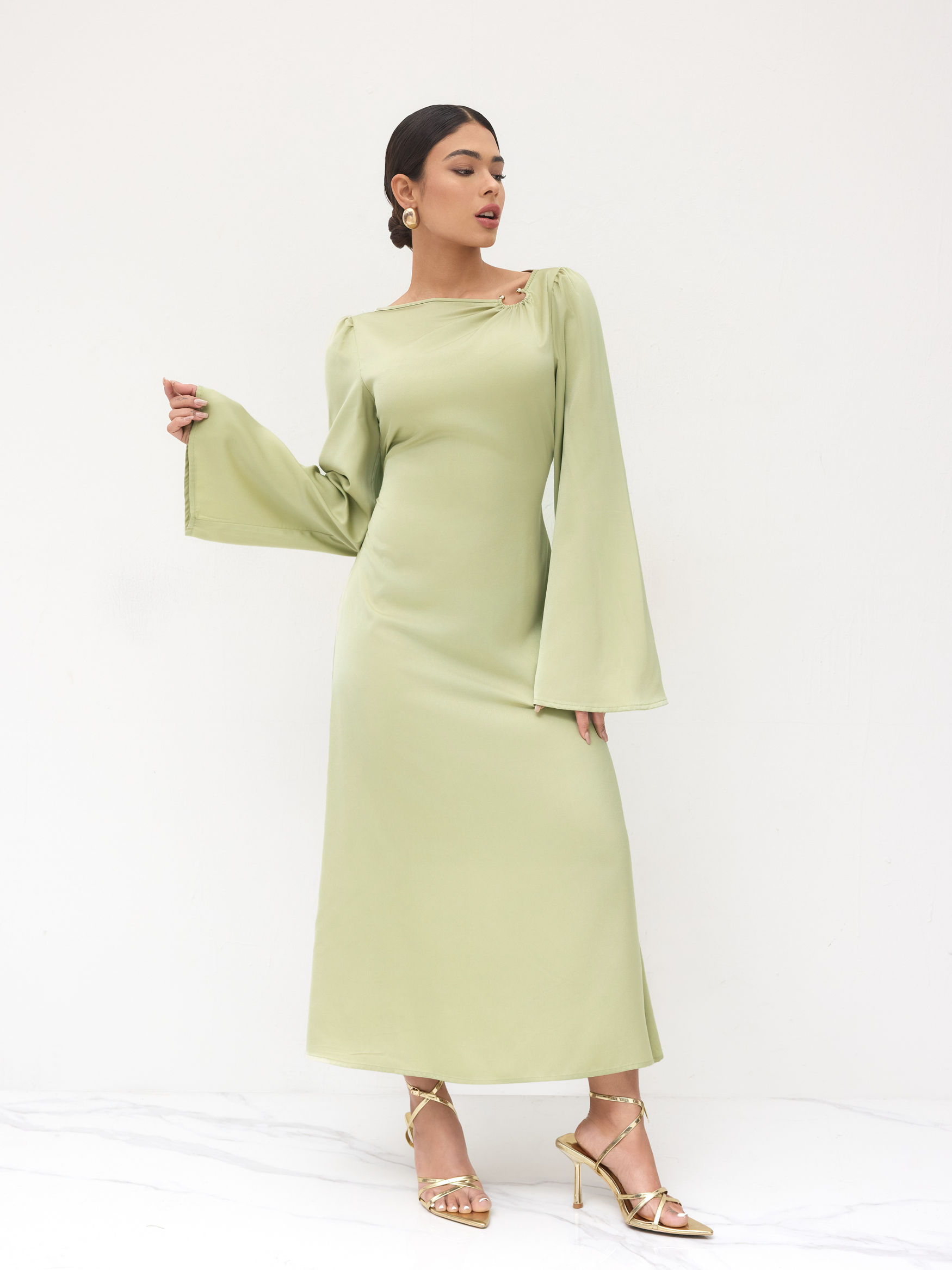 Satin Asymmetrical Neck Knotted Pierced Maxi Dress