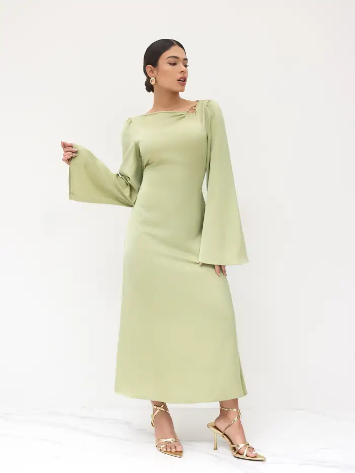 Knit Fabric Boat Neck Ruched Bell Sleeve Maxi Dress For Work