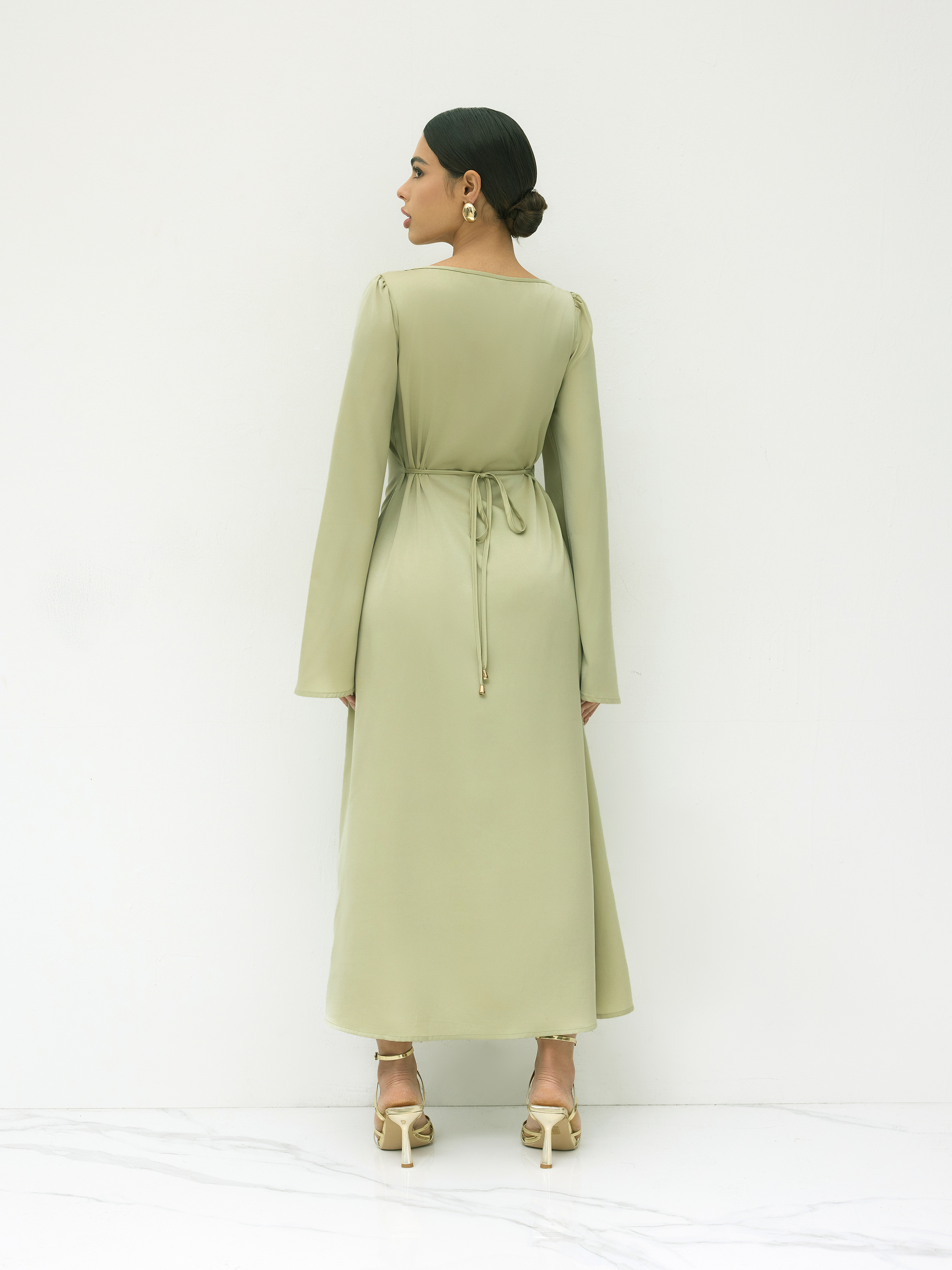 Satin Asymmetrical Neck Knotted Pierced Maxi Dress