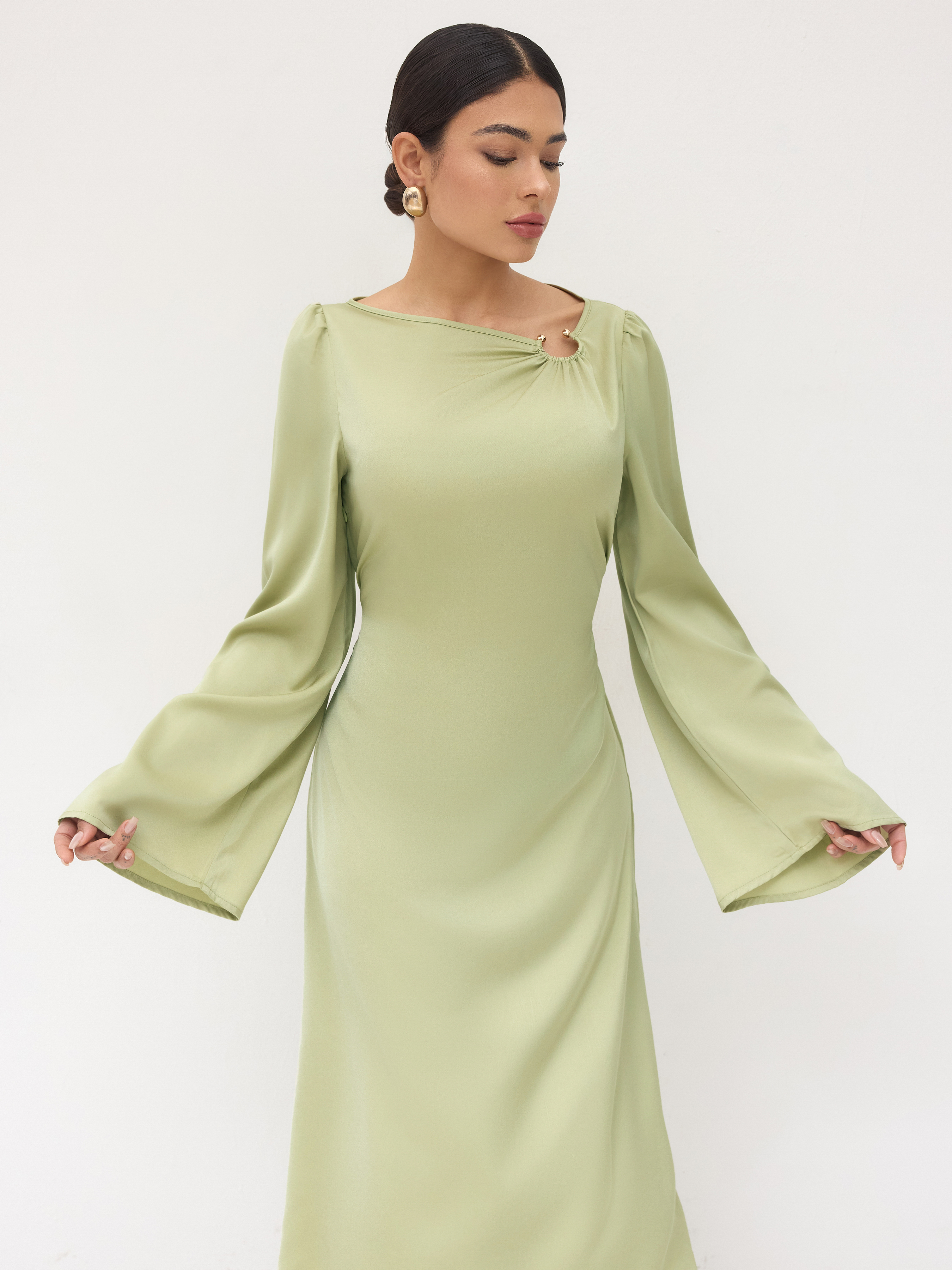 Satin Asymmetrical Neck Knotted Pierced Maxi Dress