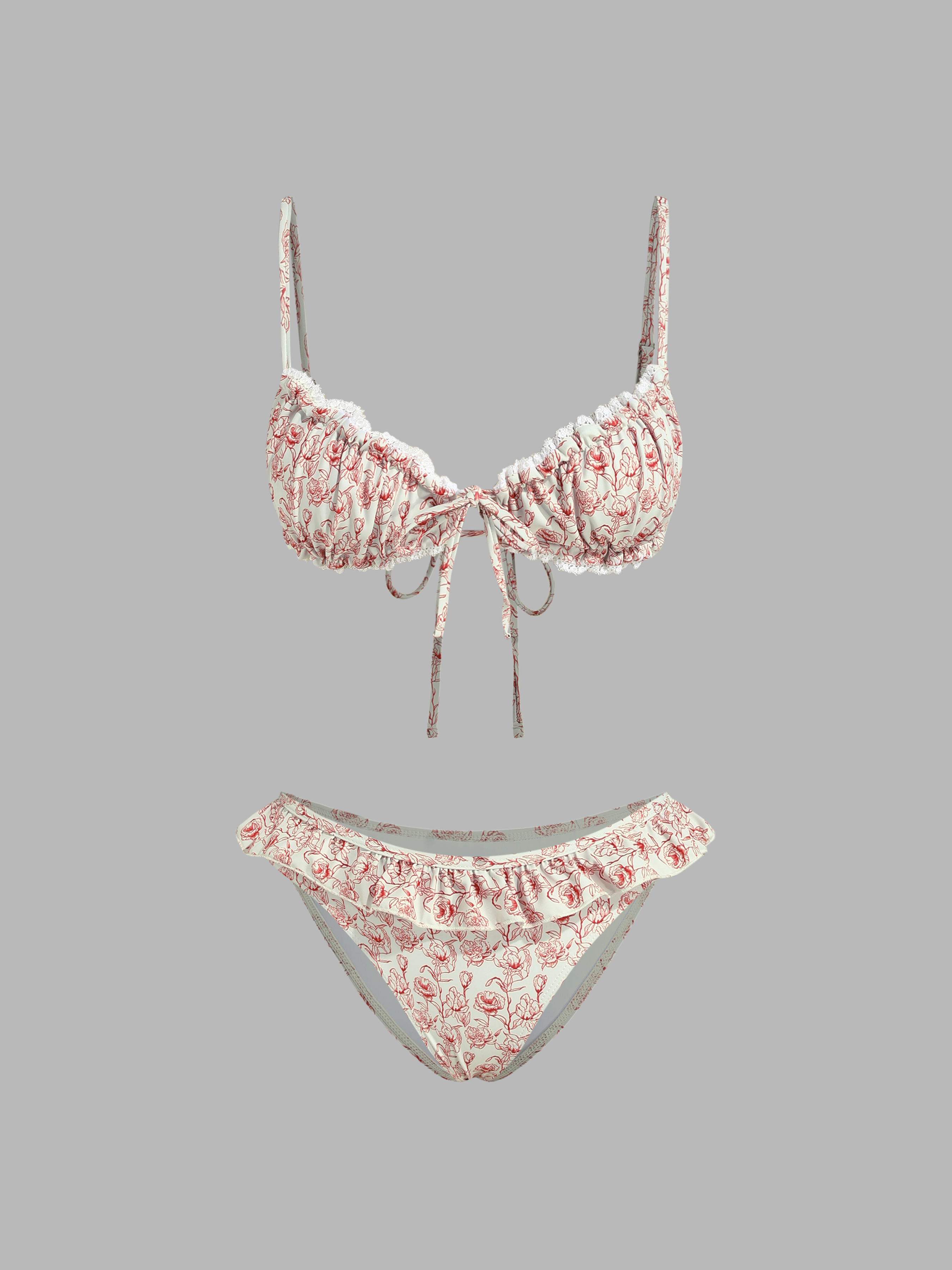 Knit Fabric V-neck Floral Lettuce Trim Bracelet Cheeky Bikini Set For Vacation Swimming Pool