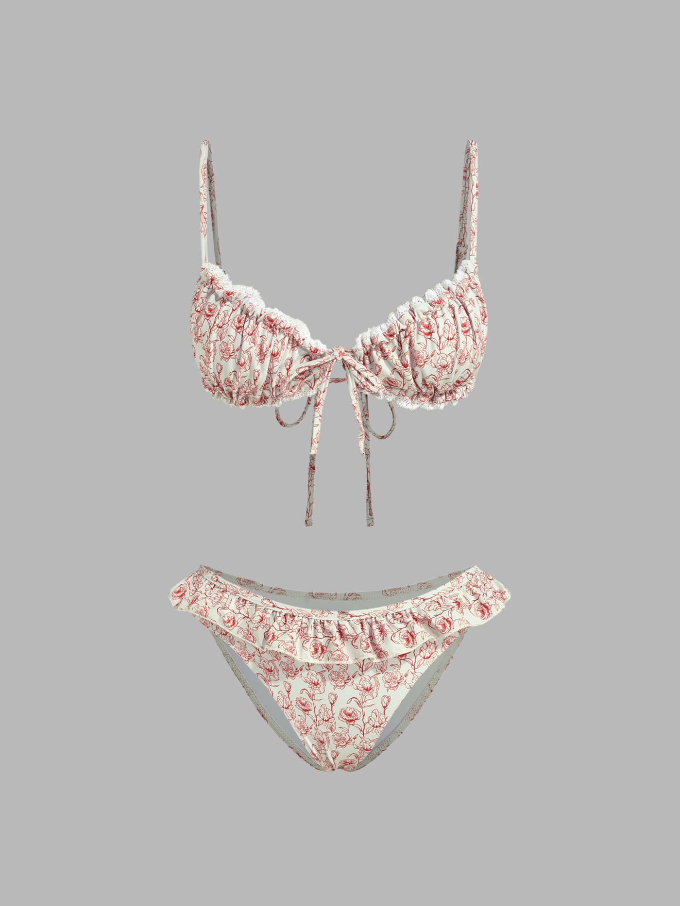 Knit Fabric V-neck Floral Lettuce Trim Bracelet Cheeky Bikini Set For Vacation Swimming Pool