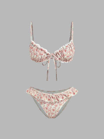 V-neck Floral Lettuce Trim Bracelet Cheeky Bikini Set
