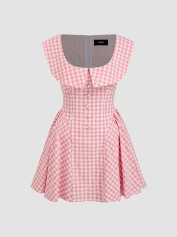 Baumwoll-U-Hals Gingham Rüschen Mini-Kleid