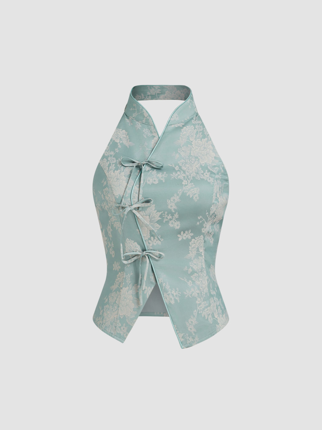 Jacquard-Mandarin-Kragen-Blumen-Bowschleife-Tank-Top