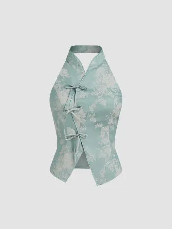 Jacquard-Mandarin-Kragen-Blumen-Bowschleife-Tank-Top