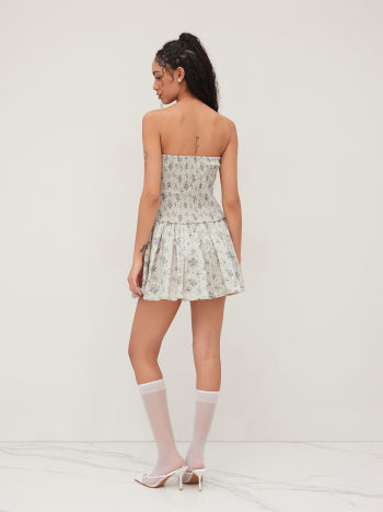 100% Cotton Floral Ruched Bandeau Mini Dress