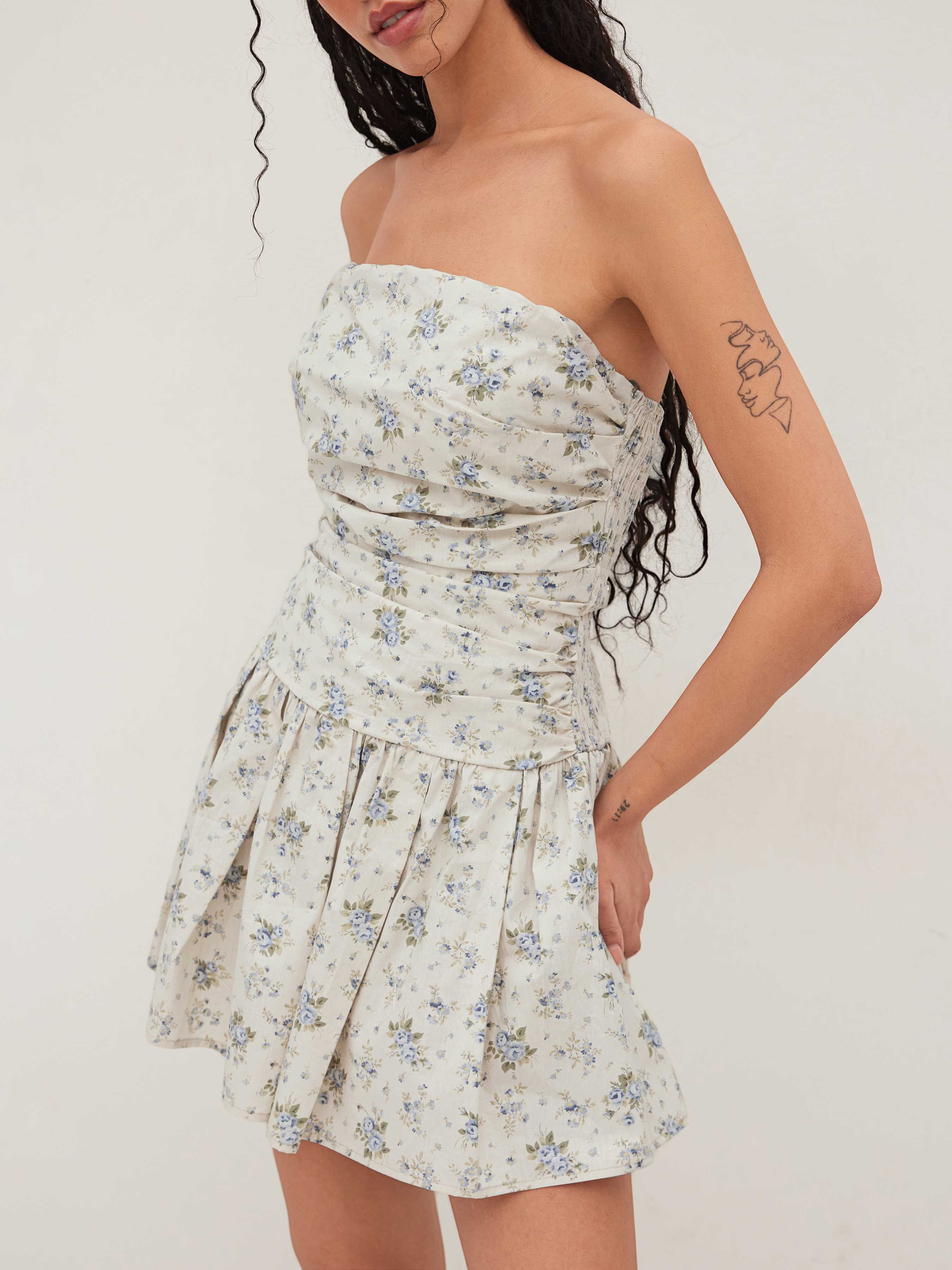 100% Cotton Floral Ruched Bandeau Mini Dress