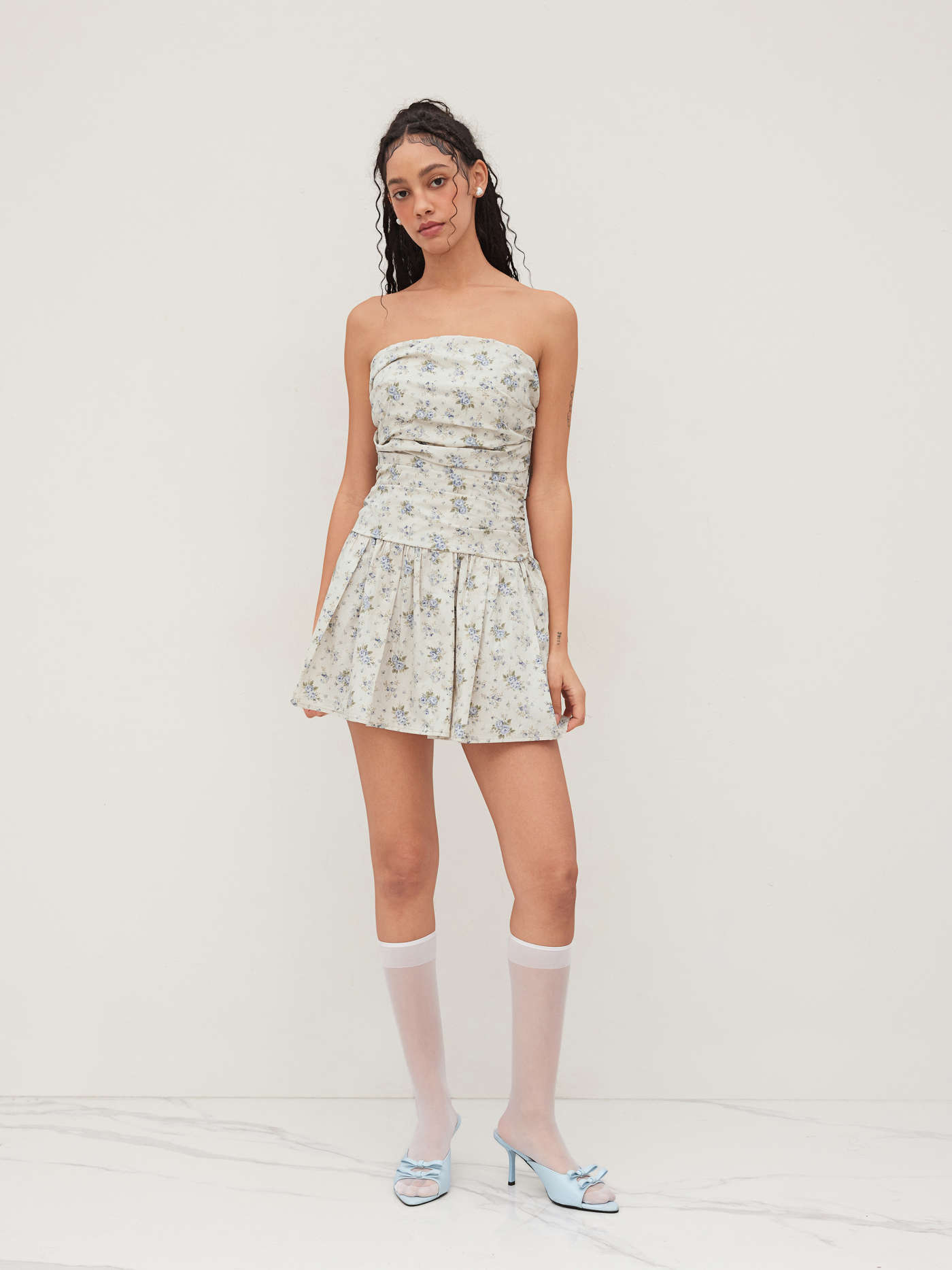 100% Cotton Floral Ruched Bandeau Mini Dress