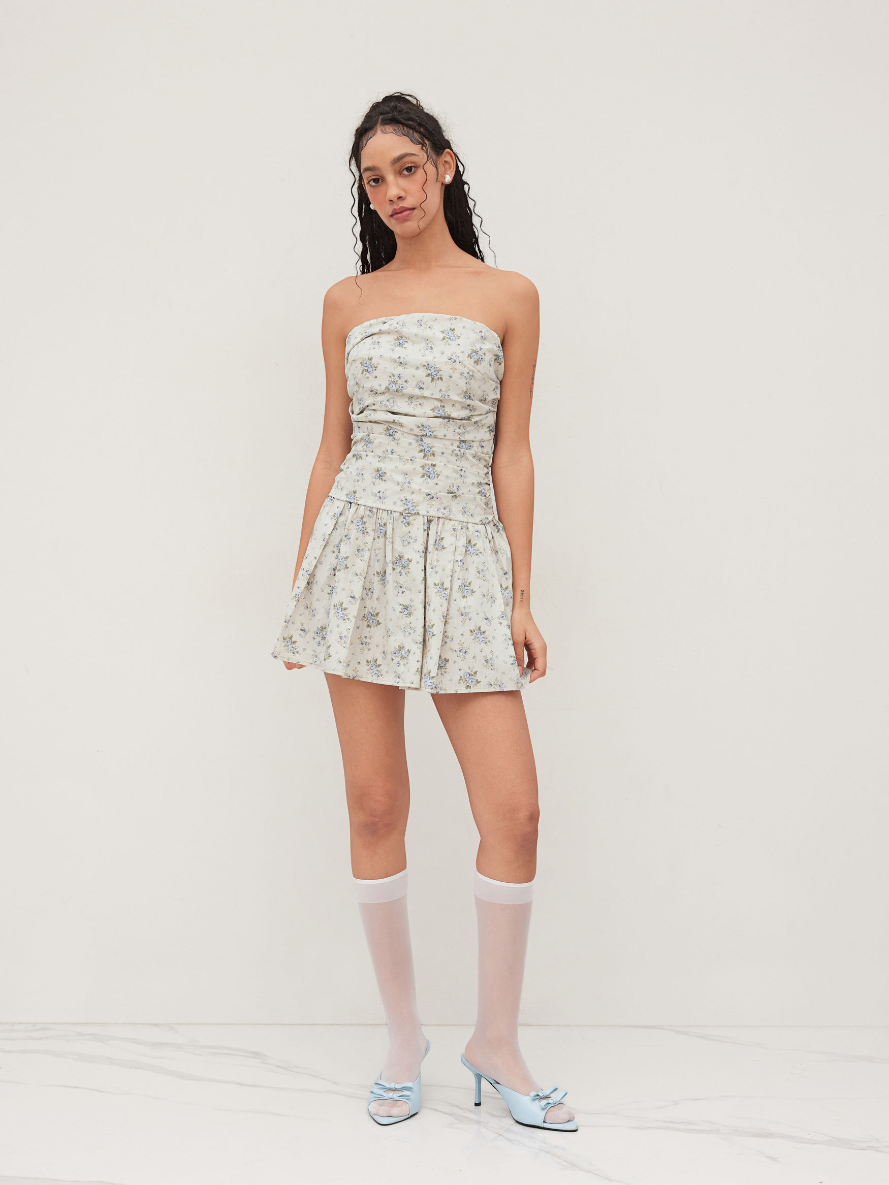 100% Cotton Floral Ruched Bandeau Mini Dress