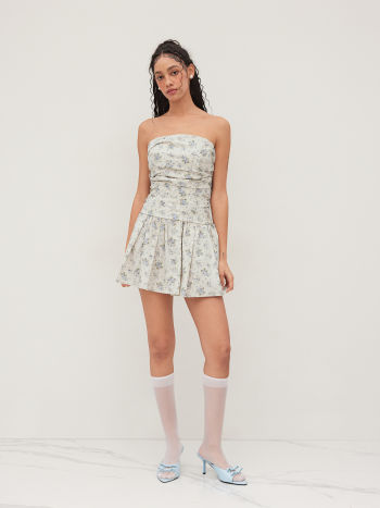 100% Cotton Floral Ruched Bandeau Mini Dress