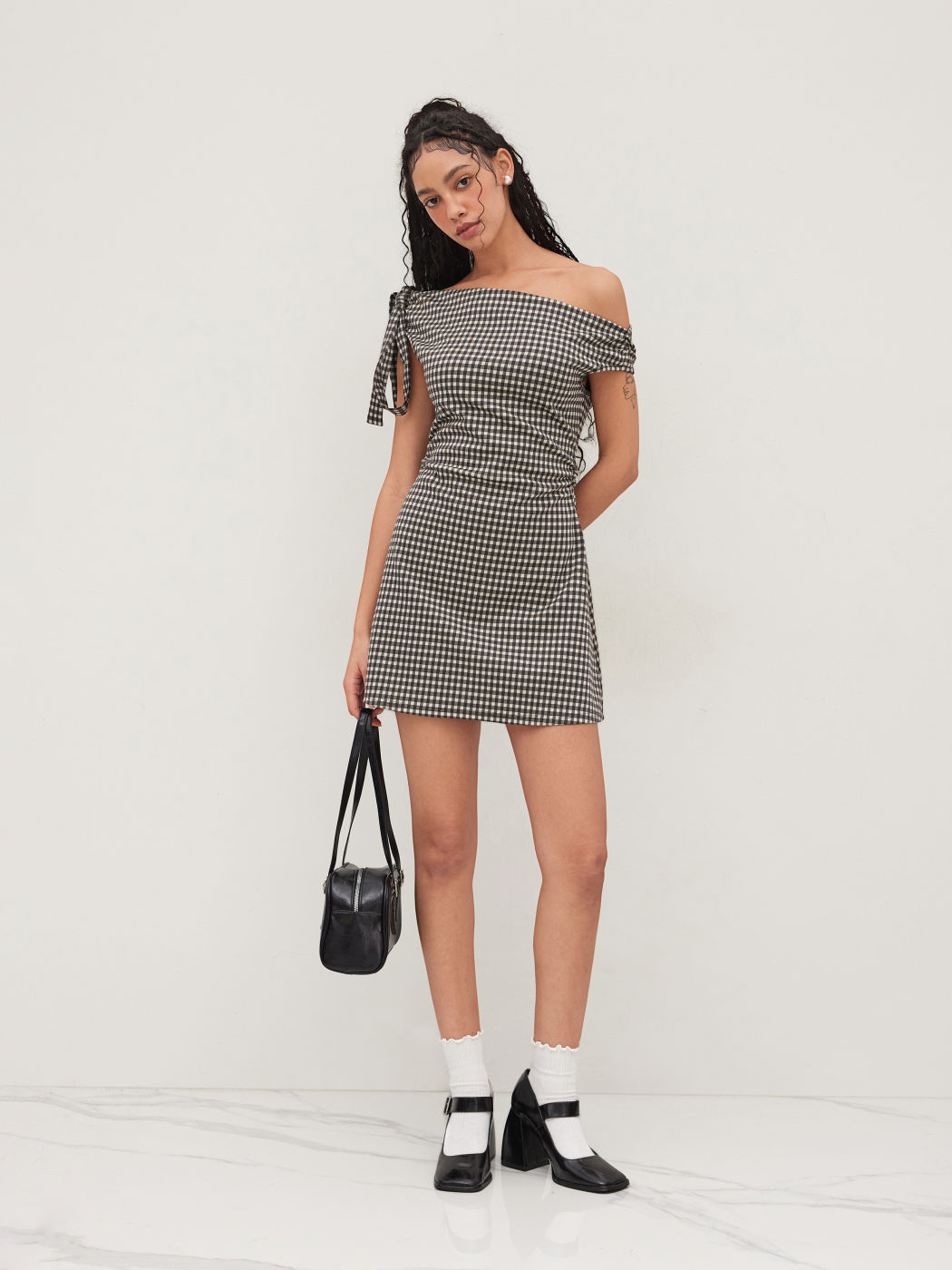 Asymmetrical Neck Gingham Knotted Ruched Mini Dress