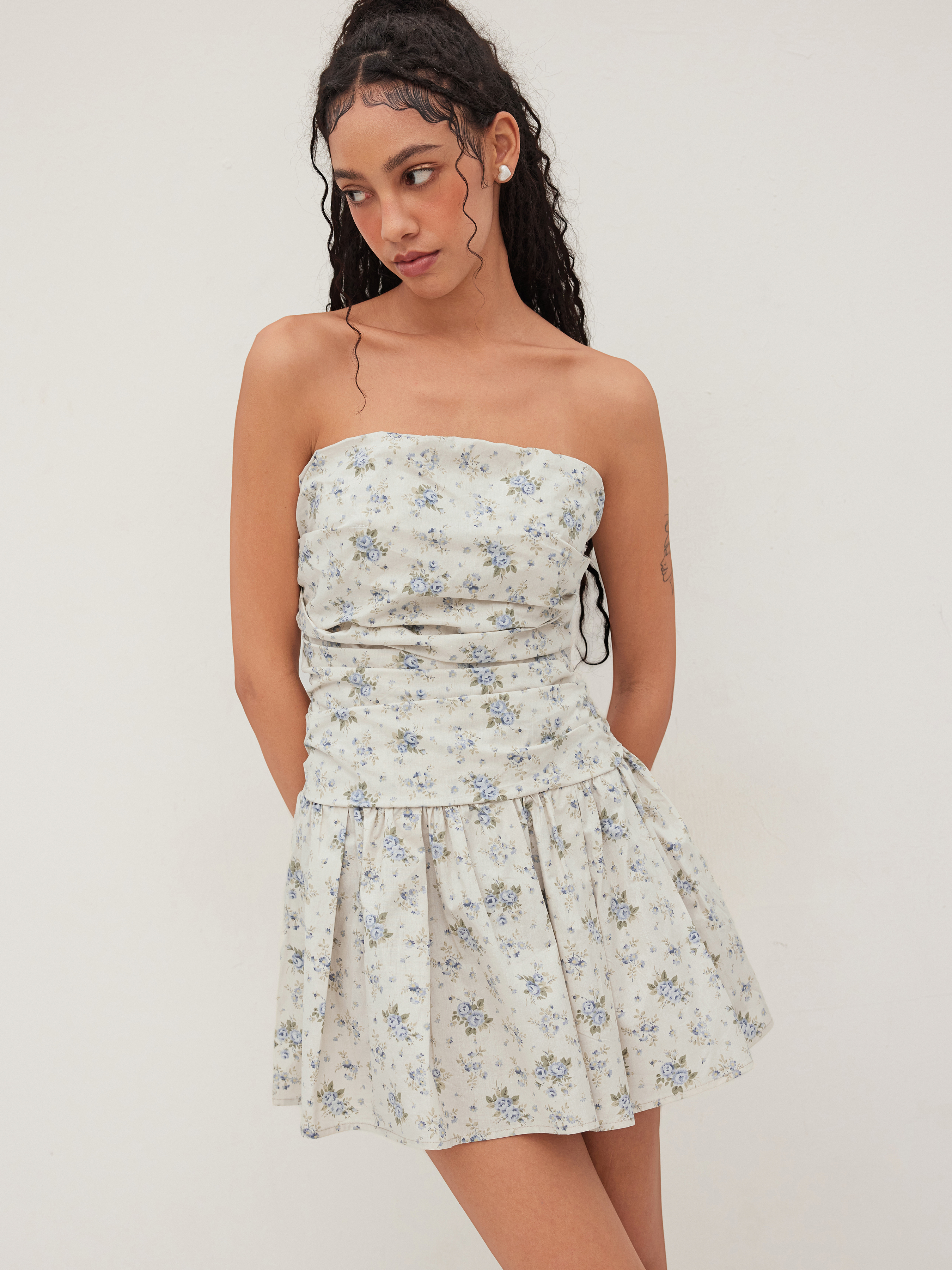 100% Cotton Floral Ruched Bandeau Mini Dress