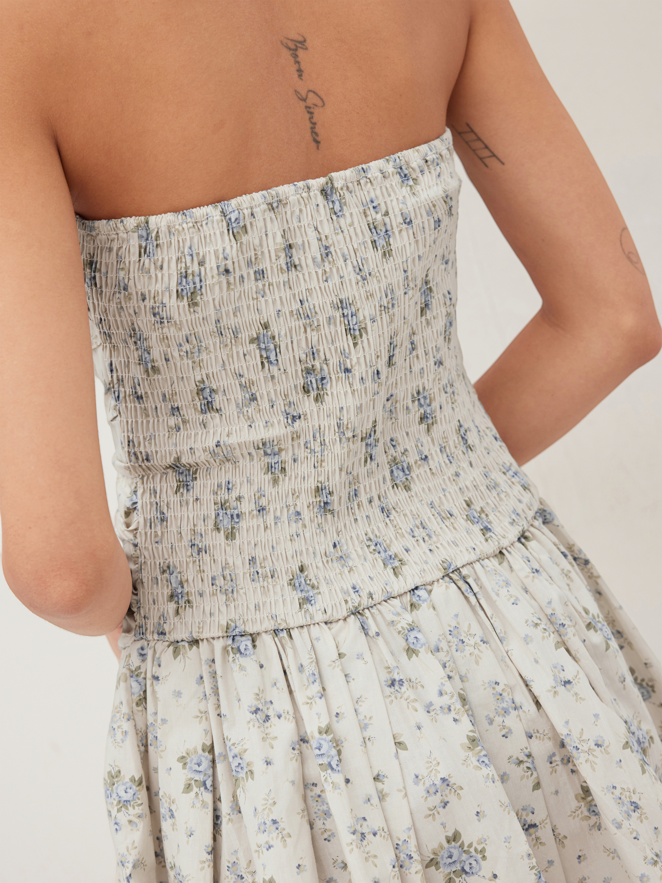 100% Cotton Floral Ruched Bandeau Mini Dress